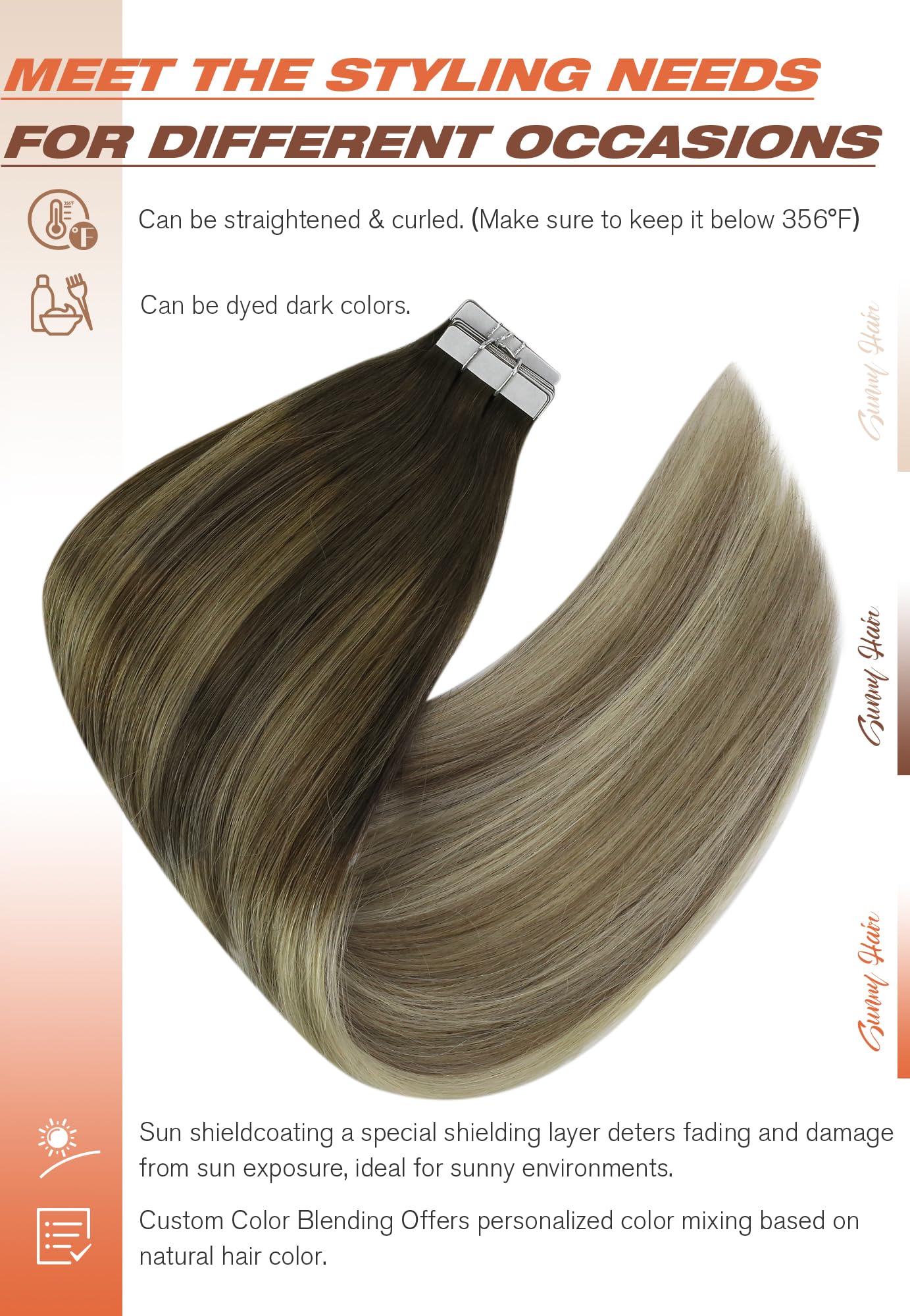 Sunny Hair Tape in Hair Extensions Real Human Hair Invisible Remy Hair Extensions Tape ins for Women Dark Brown Ombre Dark Golde