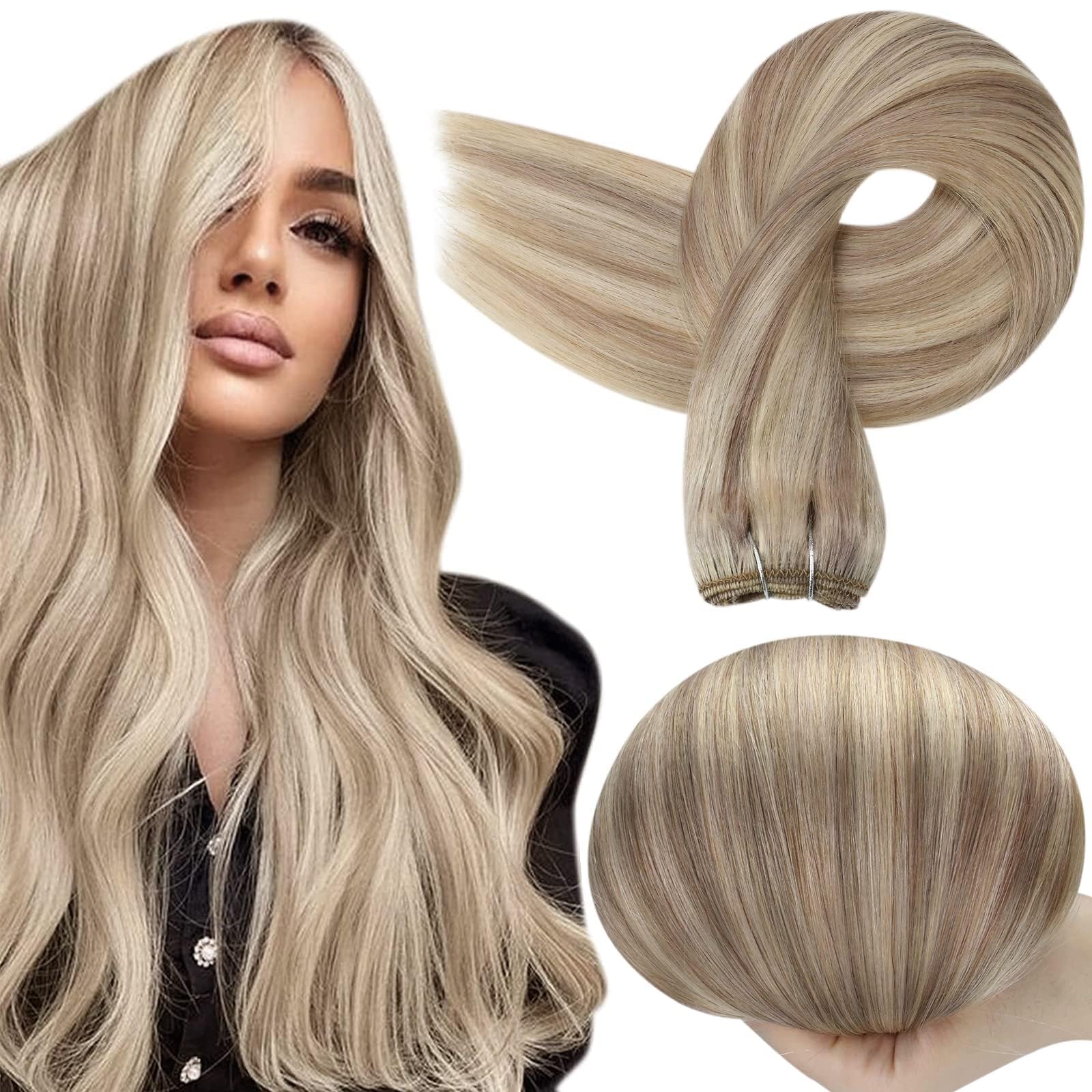 Full Shine Weft Hair Extensions Human Hair 22 Inch Sew In Hair Extensions Remy Straight Hair Weft Color 18 Ash Blonde Highlight