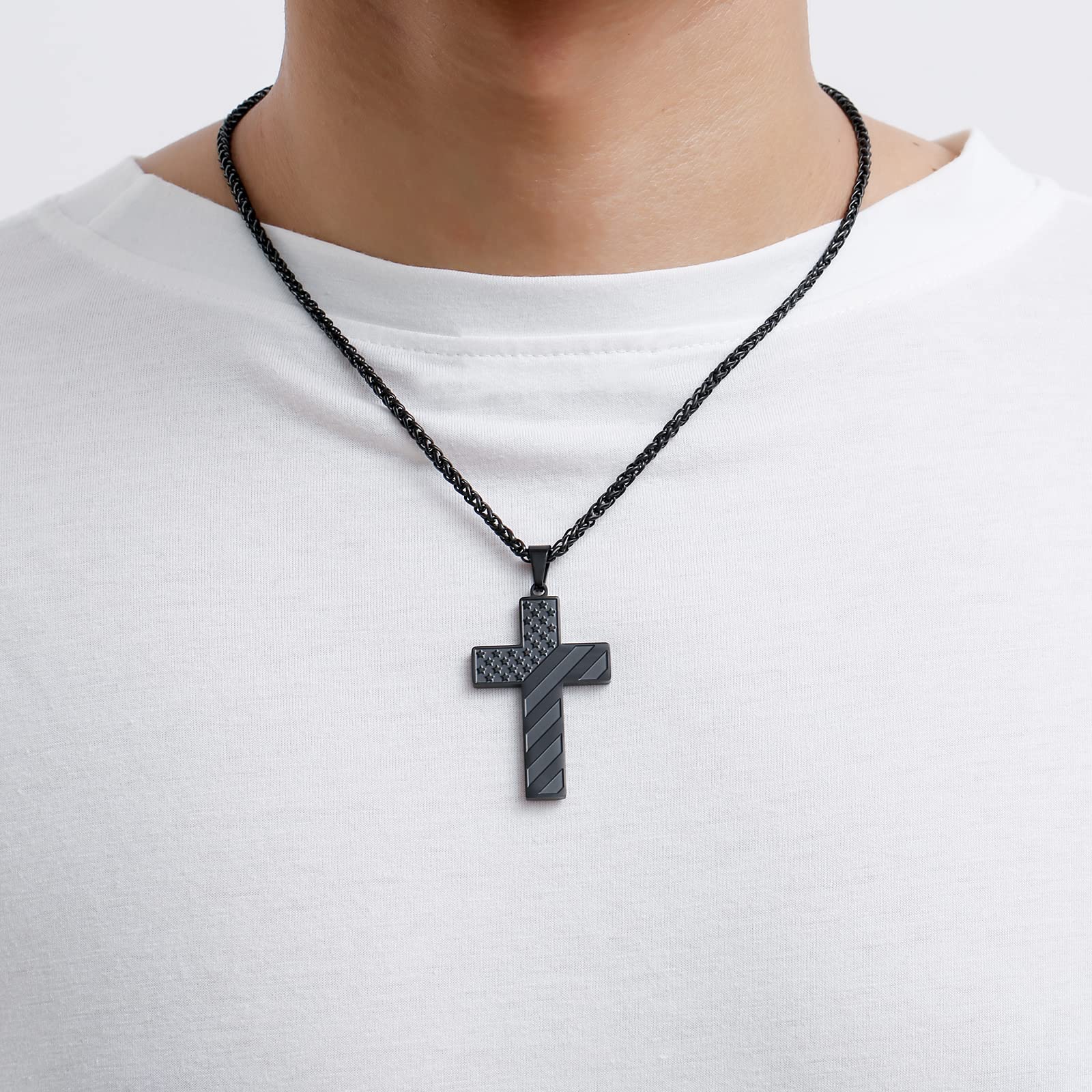 DuoDiner Black Cross Necklace for Men Boys Pendant Chain American Flag Joshua 1:9 Baptism Religious Christian First Communion Co