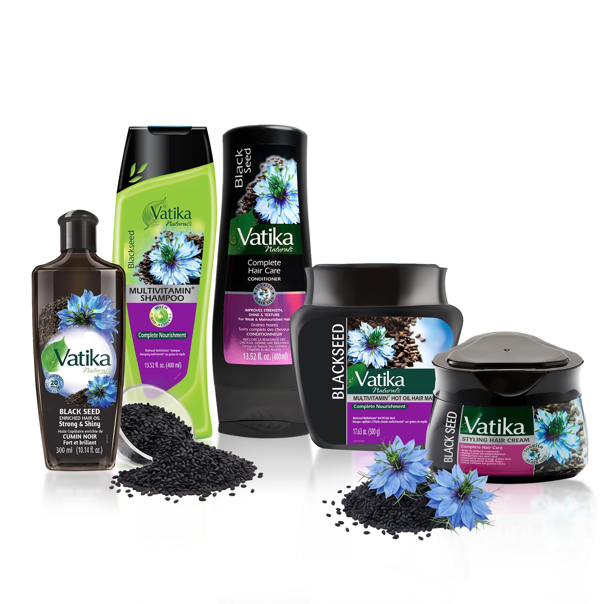 Vatika Naturals Blackseed Haircare Combo with Oil, Shampoo, Conditioner, Mask & Cream for Stronger, Smoother, FrizzFree Hair, D