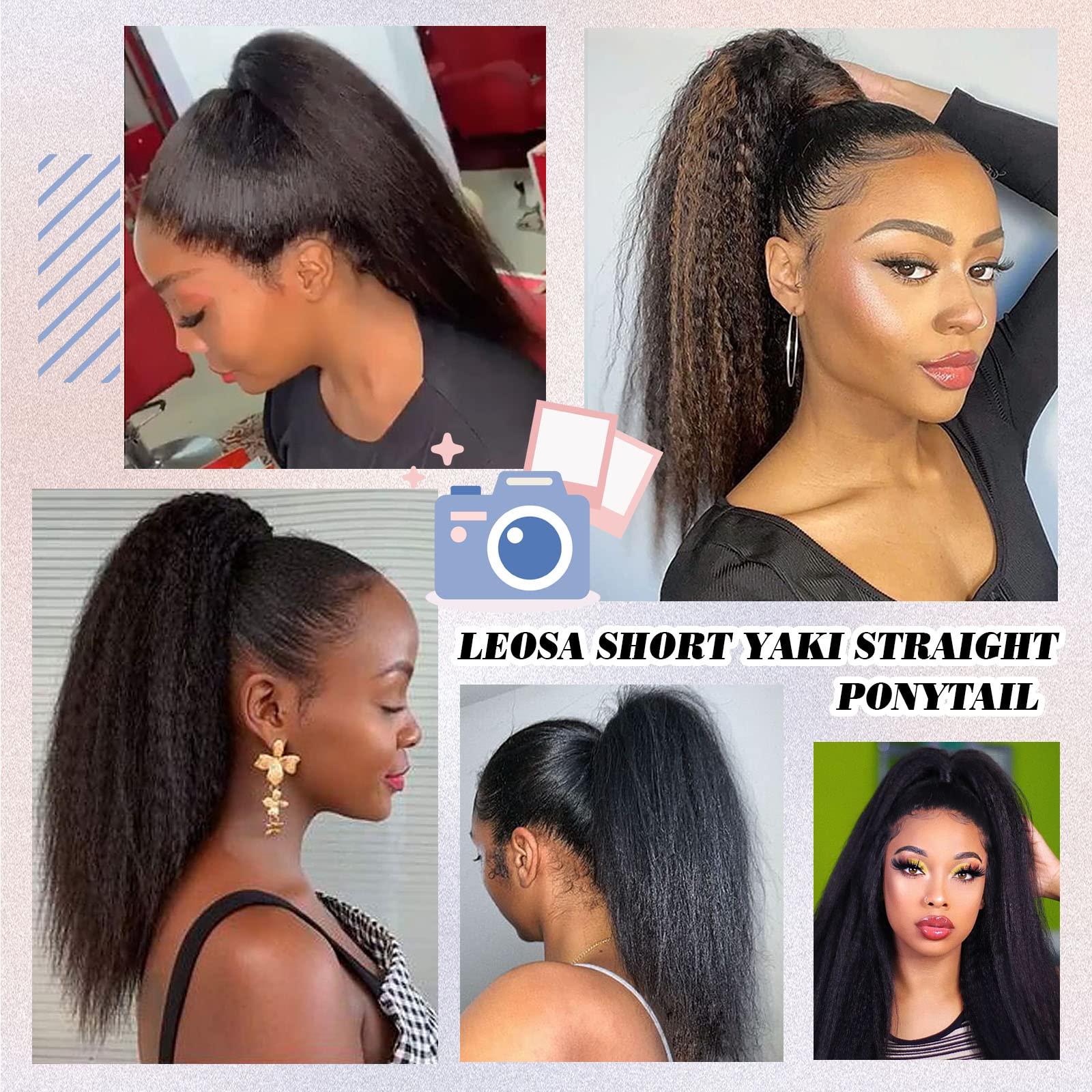 Leosa 14 Inch Drawstring Ponytails For Black Women Short Natural Black Yaki Straight Drawstring Ponytail Hair Extensions (14 Inc