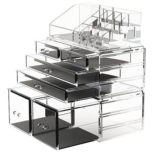 READAEER Makeup Organizer 3 Pieces Cosmetic Storage Case with 6 Drawers (Clear)