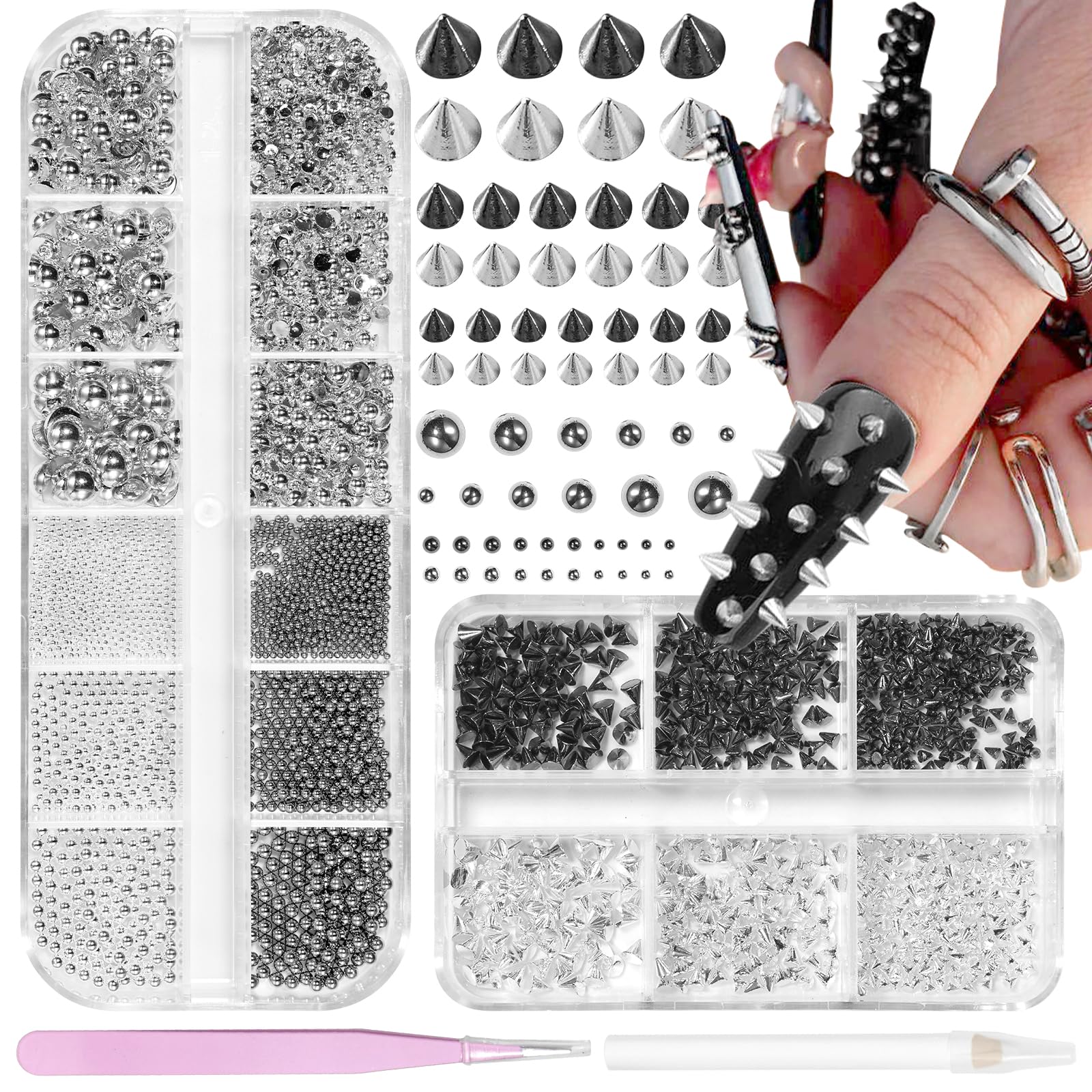 2 Boxes Spike Nail Charms 3D Mini Metal Punk Nail Art Studs, Mixed Sizes Black Silver Cone Spikes Nail Rivets Round Steel Ball, 