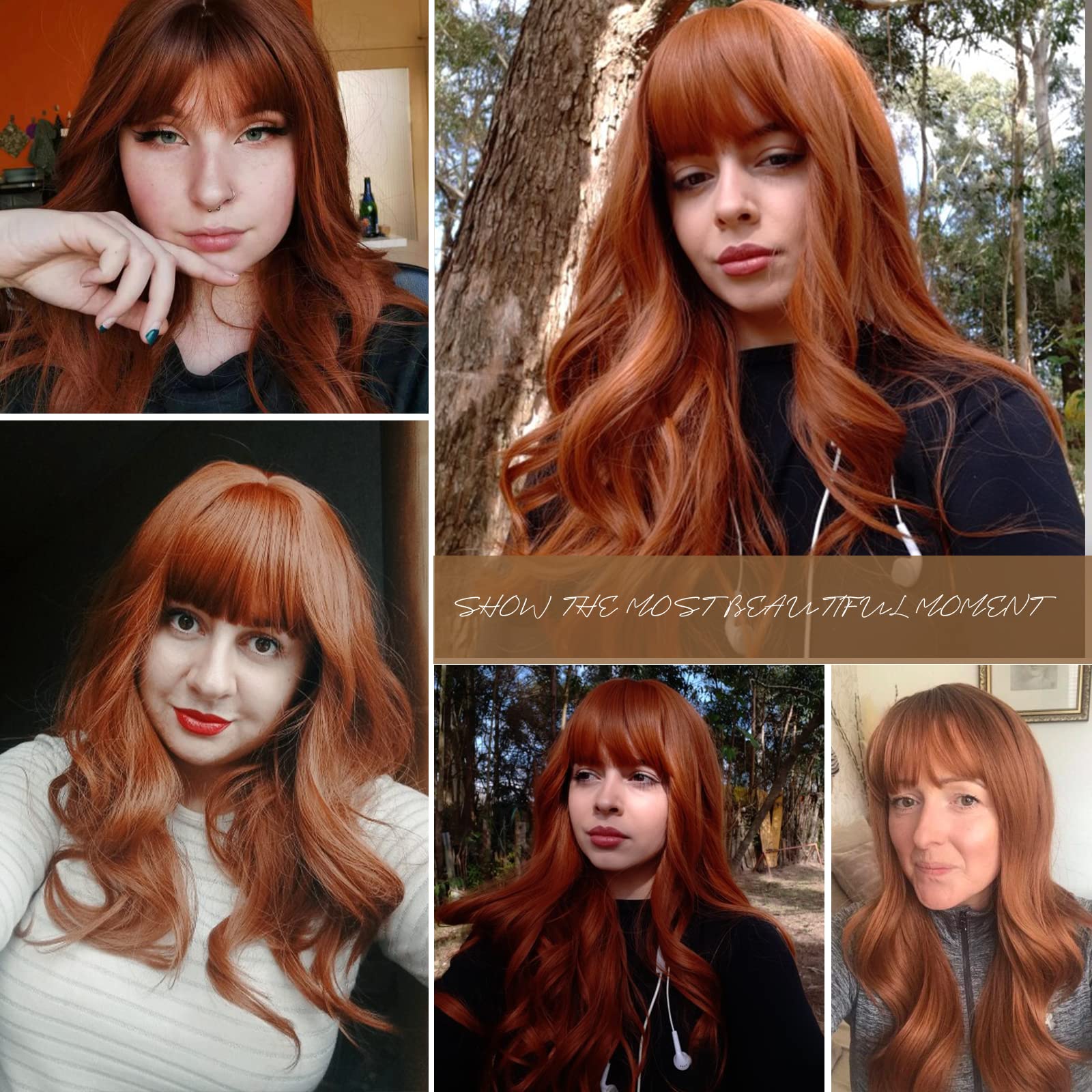 Haircube Auburn Wig With Bangs Long Curly Orange Wigs For Women,Natural Synthetic Wigs Heat Resistant Fibre Wig For Daily Use (P