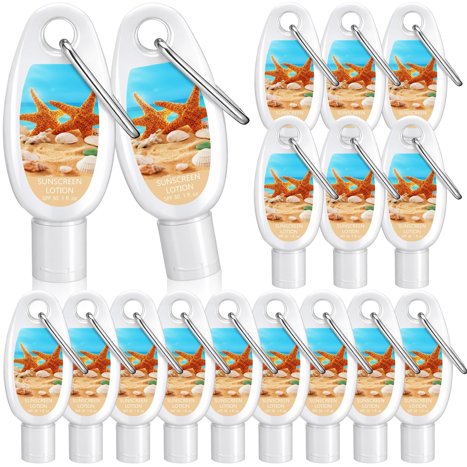 Leelosp 15 Pcs Mini Sunscreen with Carabiner Bulk Travel Size 1 Fl. oz. Spf 30 Water Resistant Mini Sunblock Lotion Keychain Sum