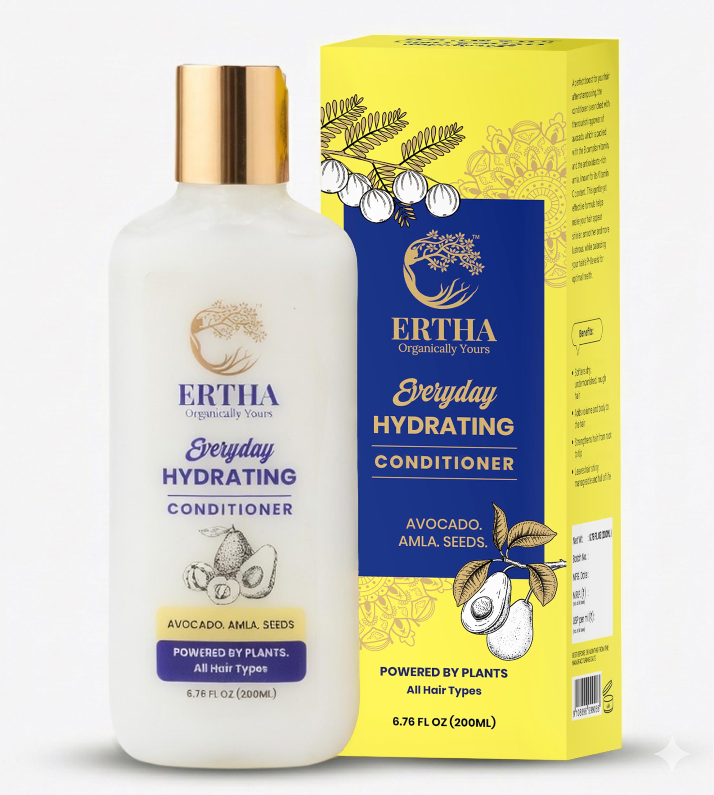 Ertha Organically Yours Hydrating Conditioner For Damaged Hair | Avocado Amla And Seed Extracts Hair Care Formula For Smooth Tex