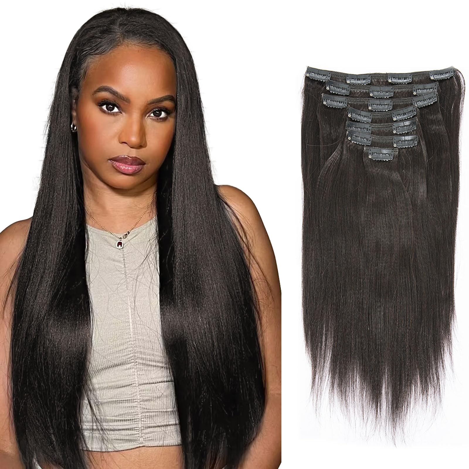 Lacer Yaki Straight Clip in Hair Extensions, Remy Human Hair Natural Black Thick Yaki Clip in Hair Extensions Human Hair for Afr