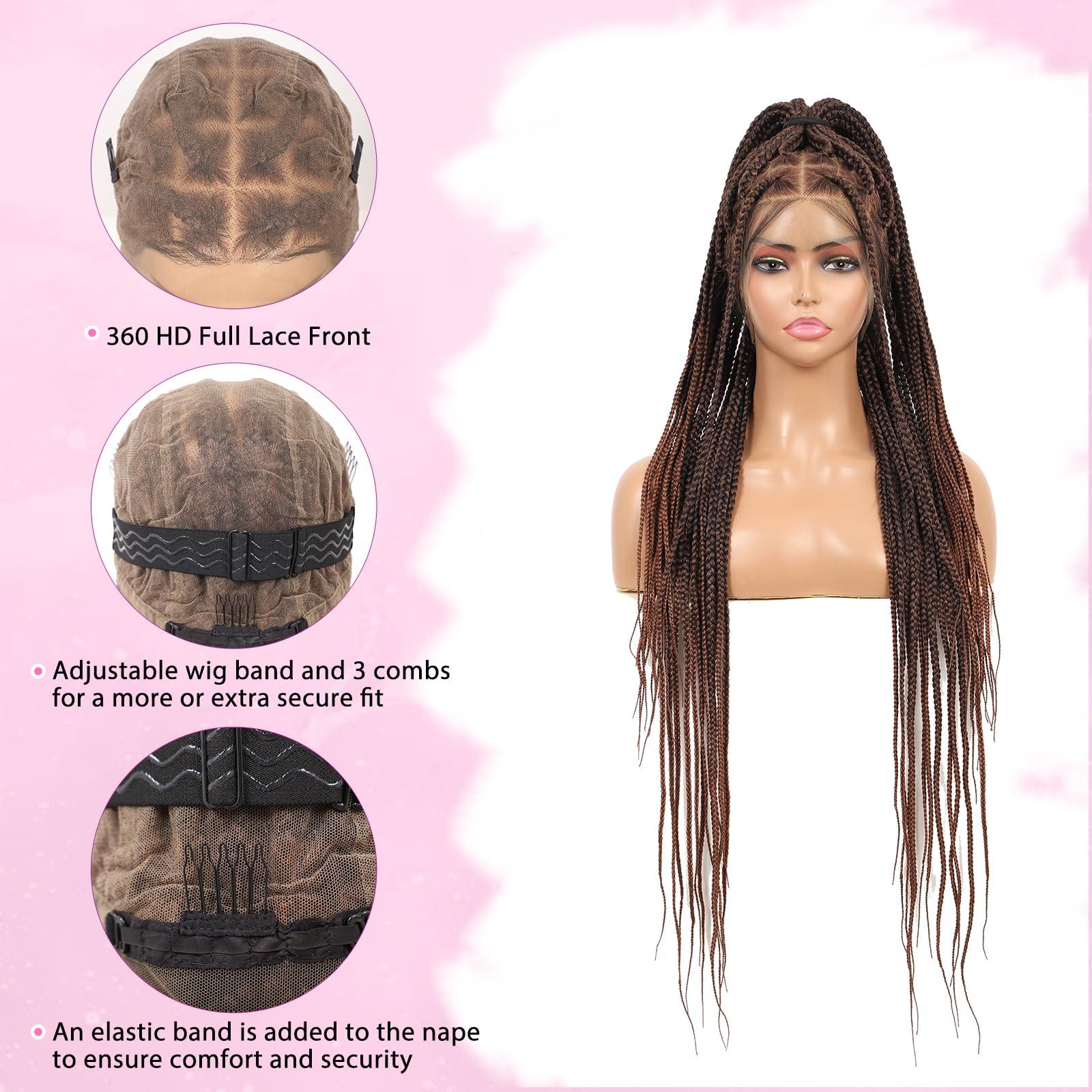 Kalyss 360 Full Lace Front Braided Wig With Baby Hair Box Braided Wigs Square Knotless Braided Wig Brown 36'' Hd Full Lace Braid