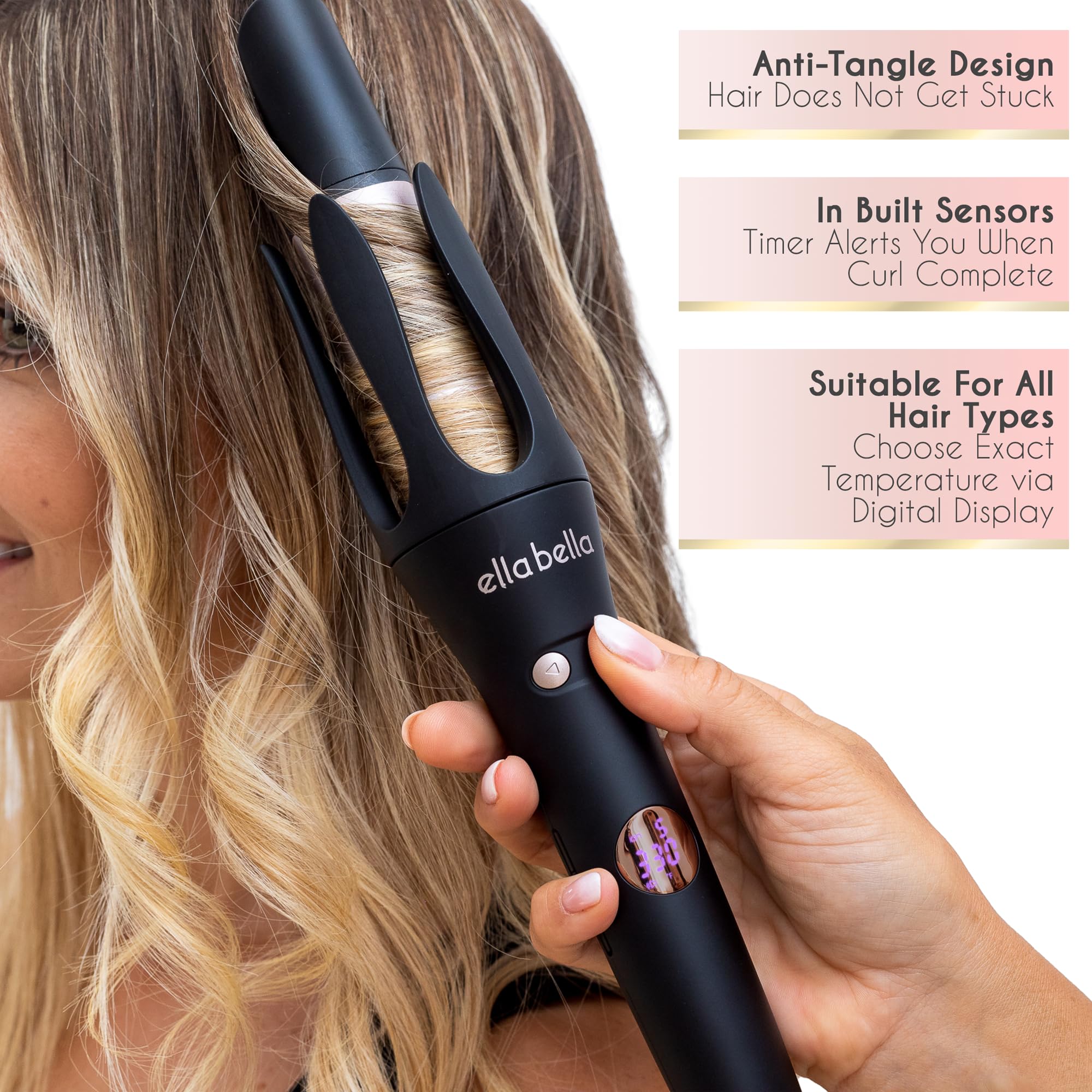 ELLA BELLA® Automatic Rotating Curling Iron - 1.2 Inch, Ceramic, Black/Gold - Easy to Use with Digital Display for Temperature Control