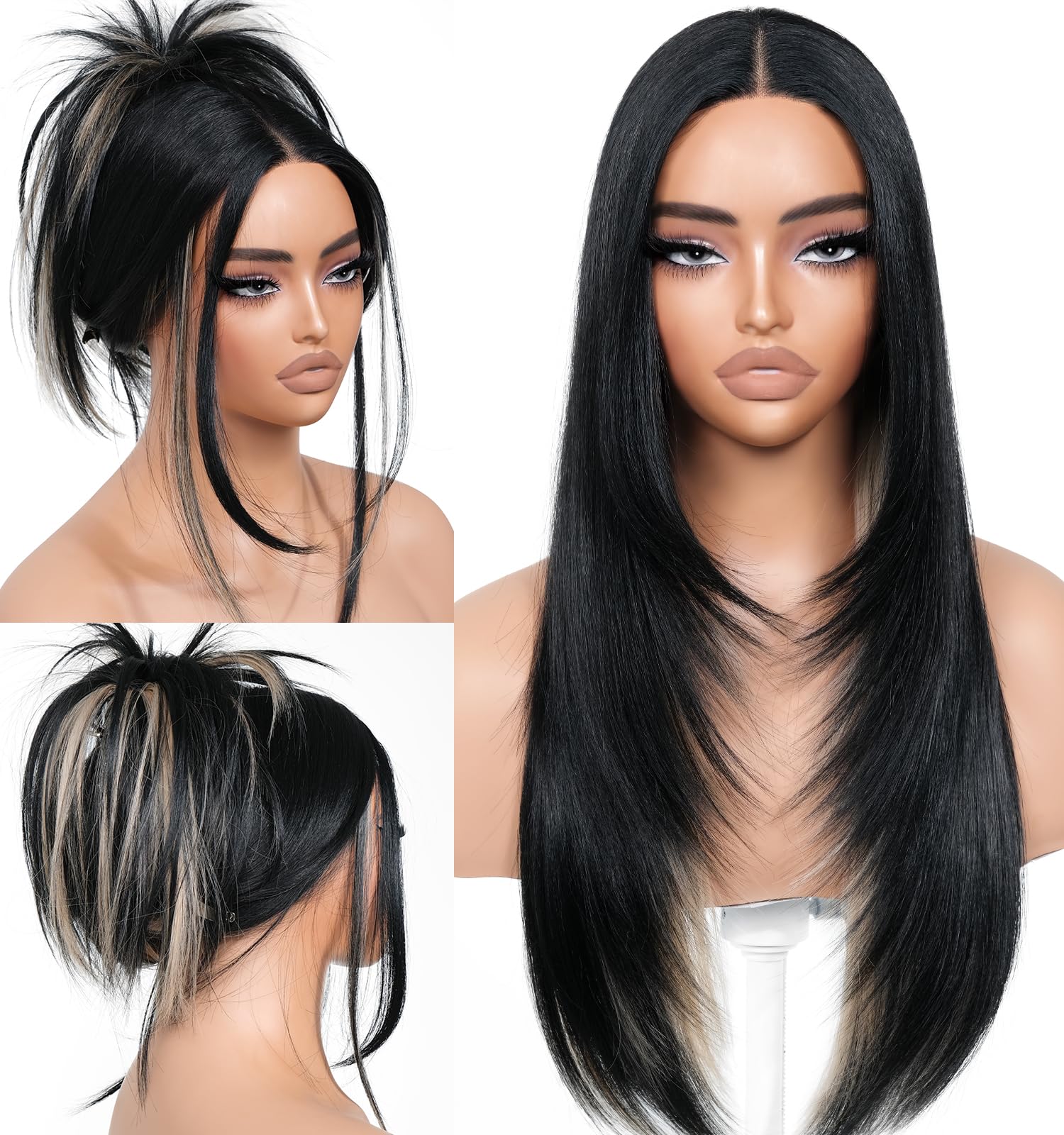 BrownBomb Black Blond Skunk Stripe Wear and Go Glueless Wigs Pre Plucked Pre Cut for Beginners Synthetic Lace Front Wigs With Ba