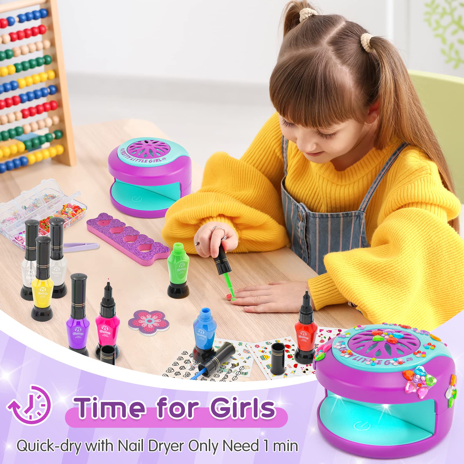 Battop Kids Nail Polish Set For Girls, Nail Art Kit For Girls With Nail Dryer & 2 In 1 Water Based Nail Polish & 3D Decoration &