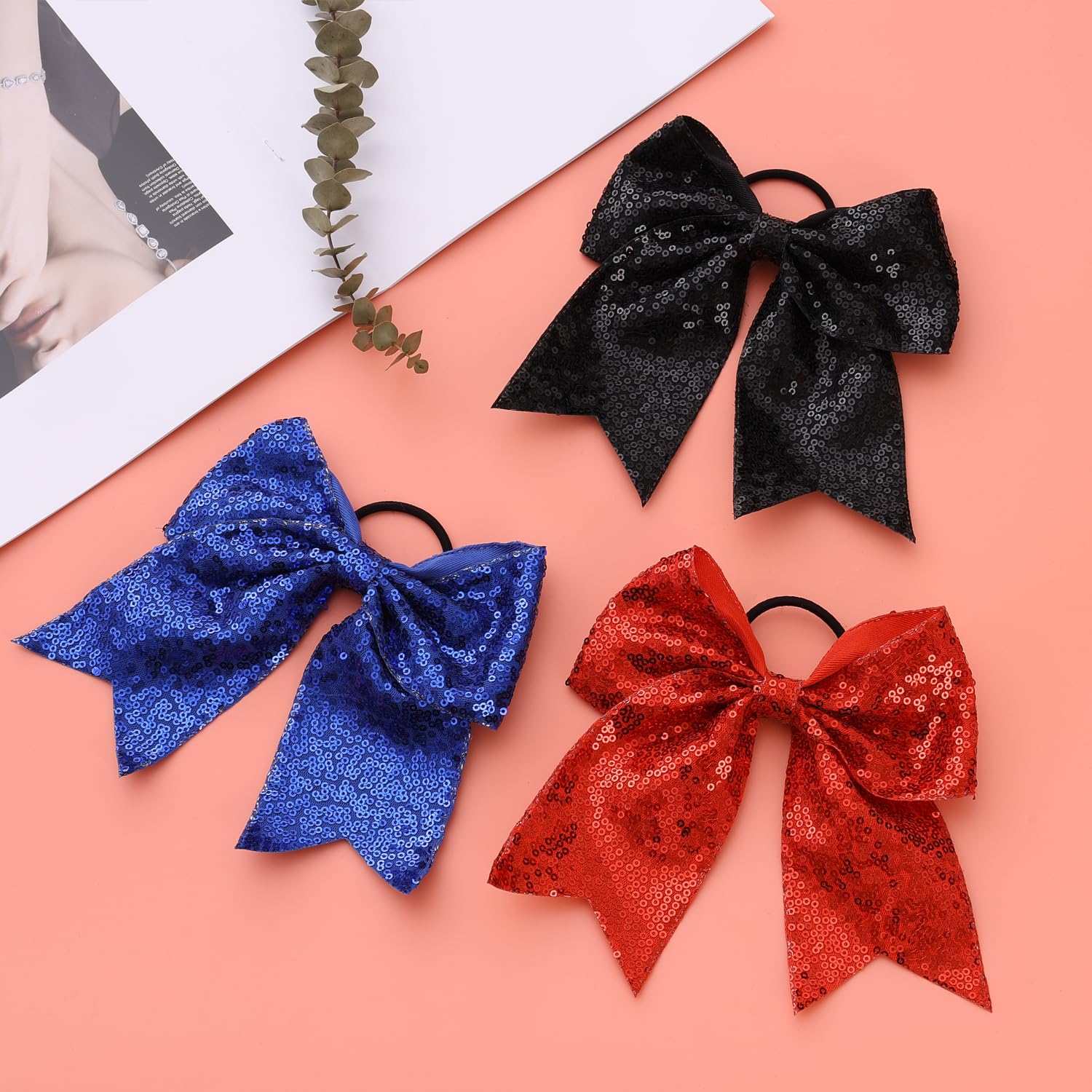 16 PCS Large Glitter Black Cheer Hair Bows, Shiny Cheerleading Bows Ponytail Holder for Cheerleader Girls Softball Sports and Ch