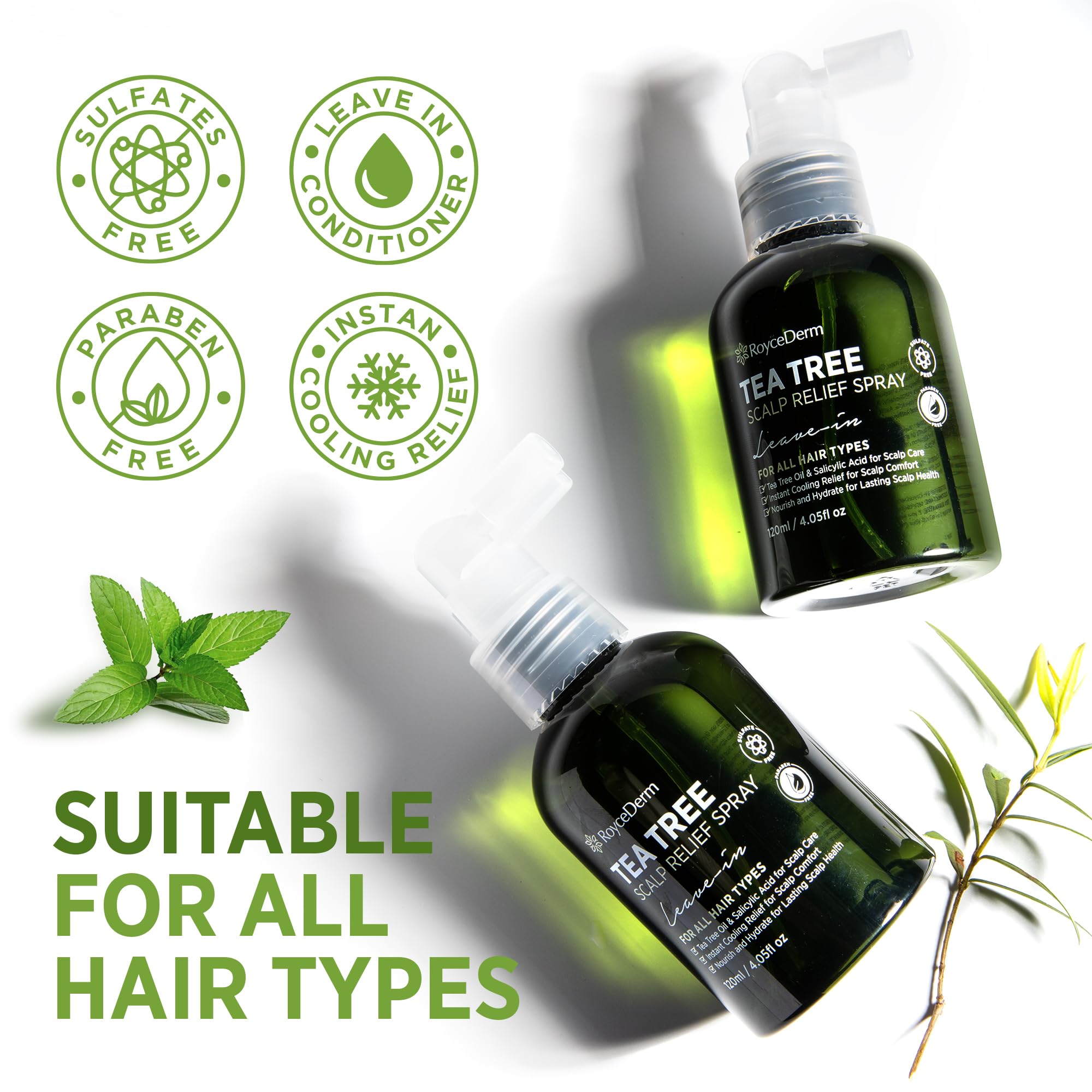 RoyceDerm Tea Tree Scalp Relief Spray: Leave-In Scalp Care for Dry, Flaky, and Itchy Scalp - Tea Tree Oil Formula for Comfort, H