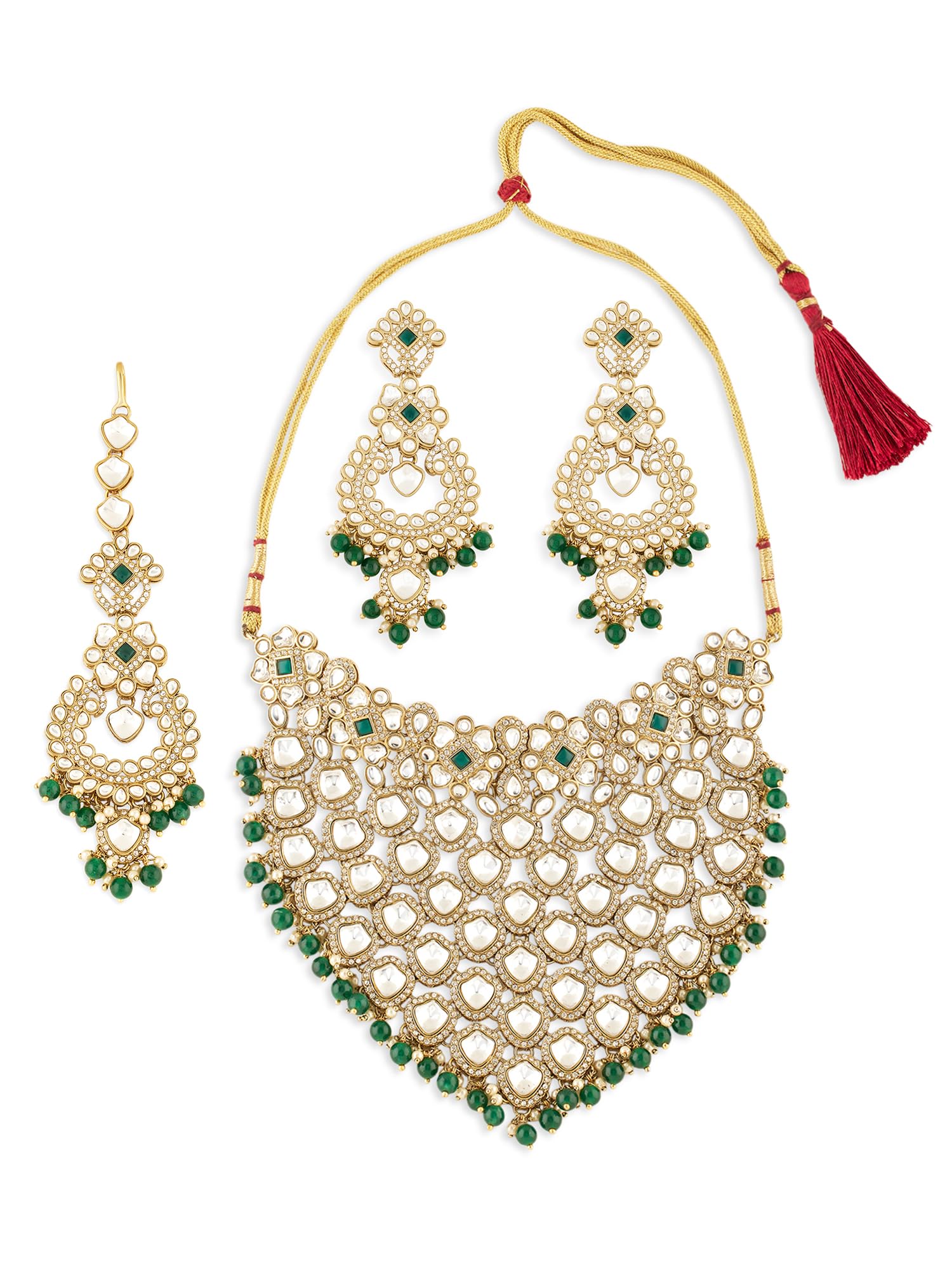 Zaveri Pearls Green Beads Dazzling Stones Antique Plating Choker Necklace Earring & Maangtikka Set For WomenZpfk21667
