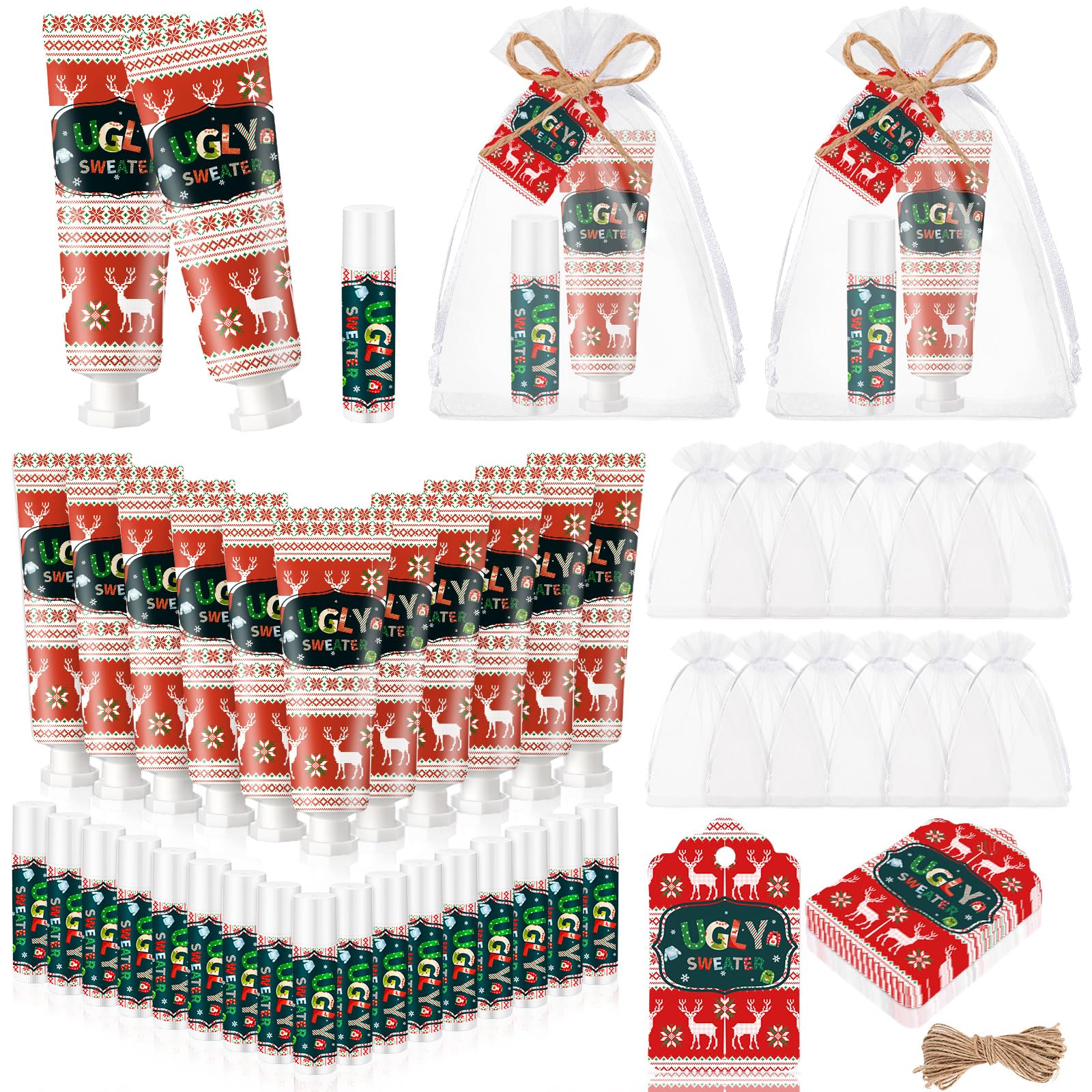 Dansib 24 Sets Christmas Ugly Sweater Baby Shower Hand Cream and Lip Balm Gift Christmas Party Favors Travel Size Hand Lotion an