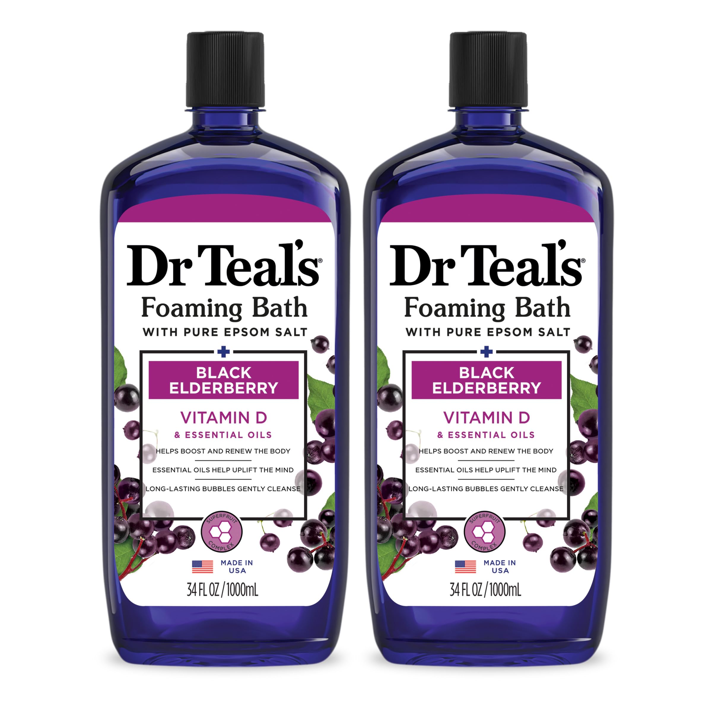 Dr Teal'S Foaming Bath With Pure Epsom Salt, Black Elderberry With Vitamin D, 34 Fl Oz (Pack Of 2)