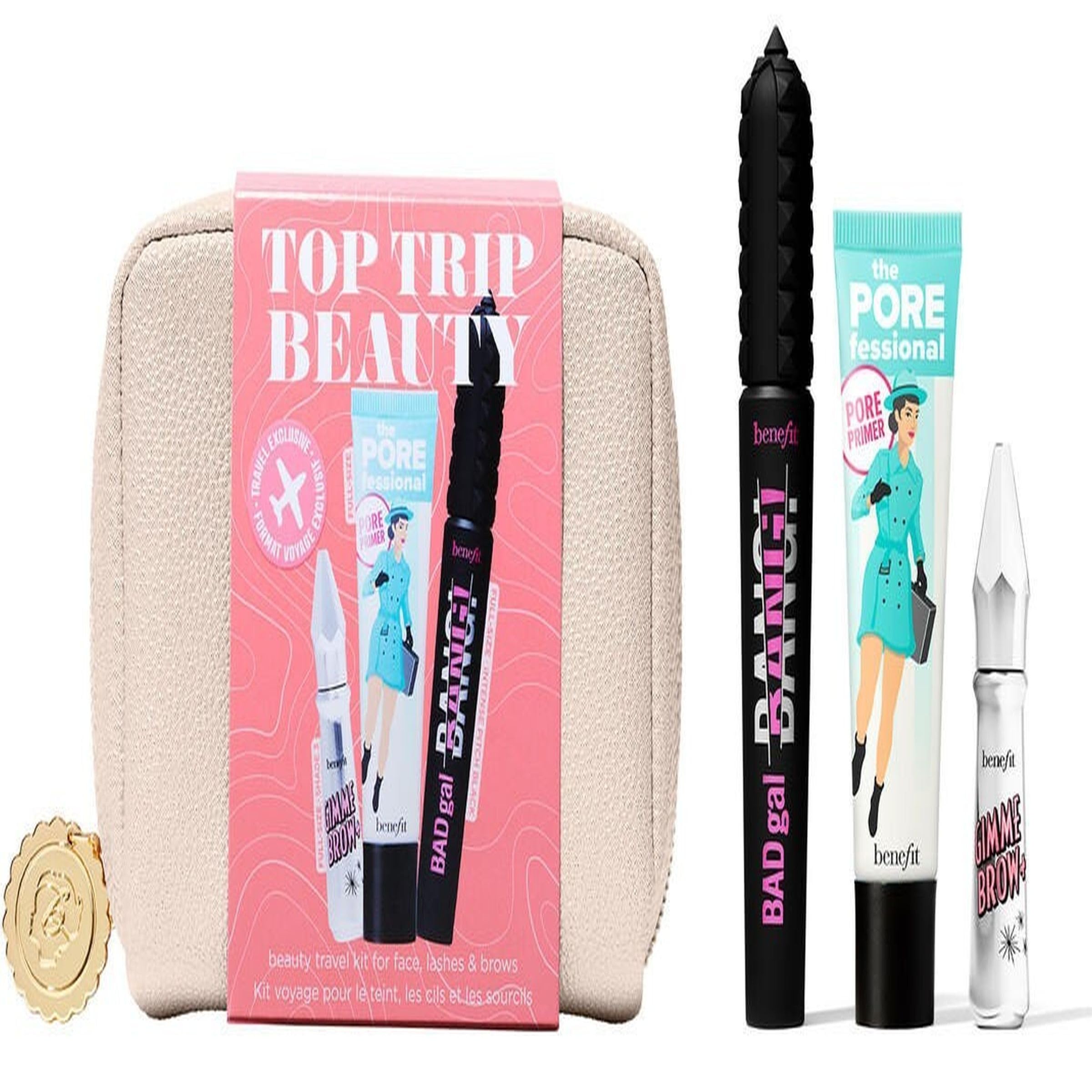 Benefit Top Trip 4Piece Set, (0.74 Ounce Primer + 0.3 Ounce Badgal Bang Mascara + 0.1 Ounce #3 Brow Gel + Pouch)