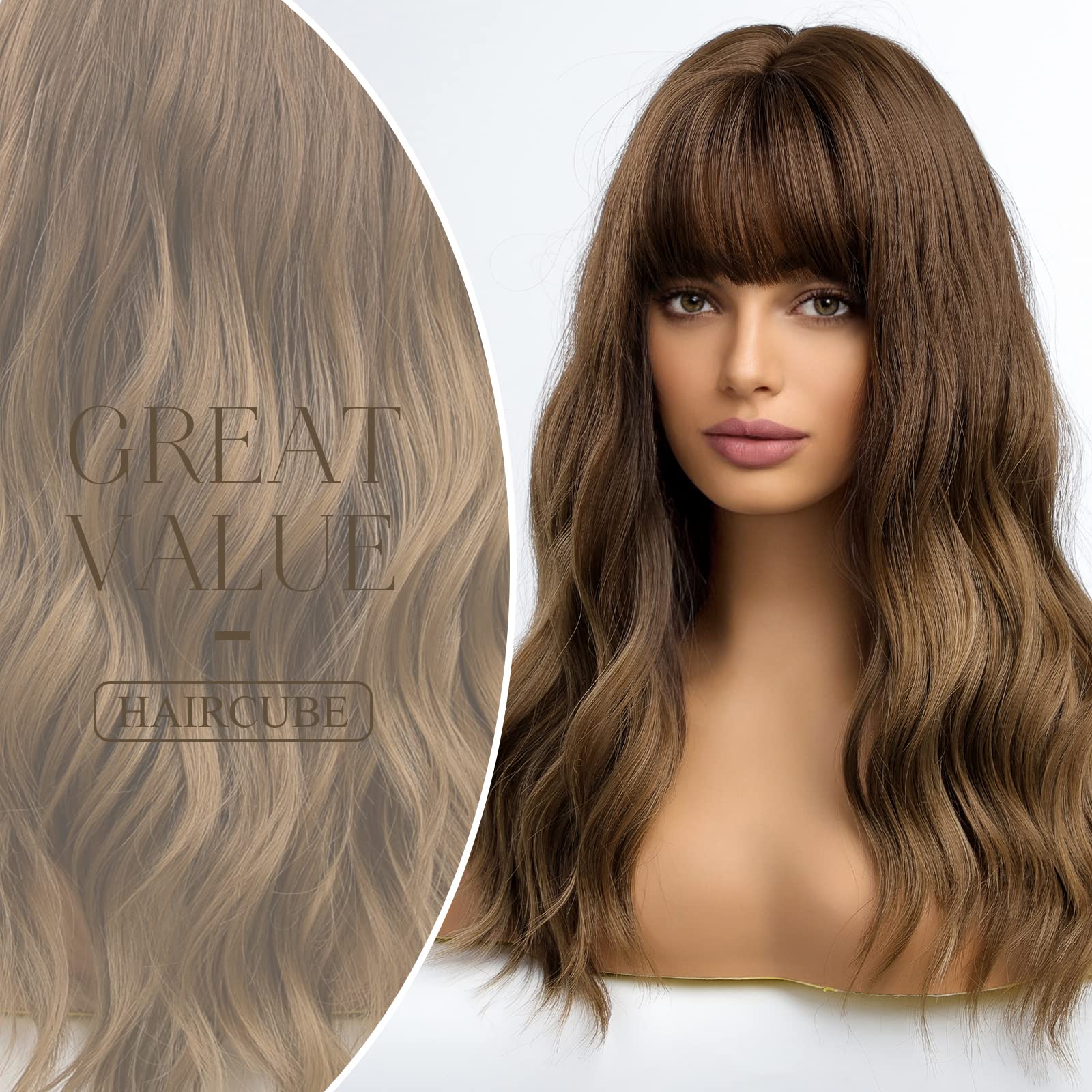 Haircube Long Wave Brown Wigs With Bangs,Ombre Brown Curly Wigs For Women Heat Resistant Synthetic Wigs