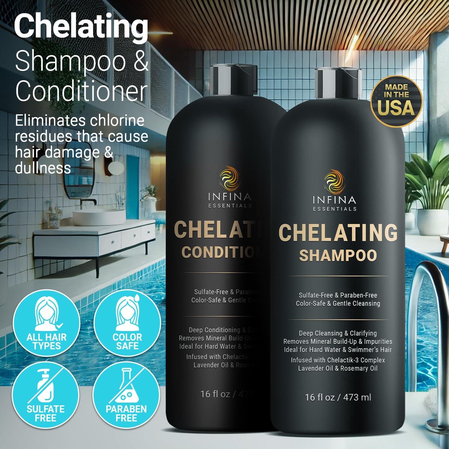 Infina Essentials Chelating Hard Water Shampoo And Conditioner Set With Chelactik-3 & Rosemary Oil - Color Safe Metal Detox Sham