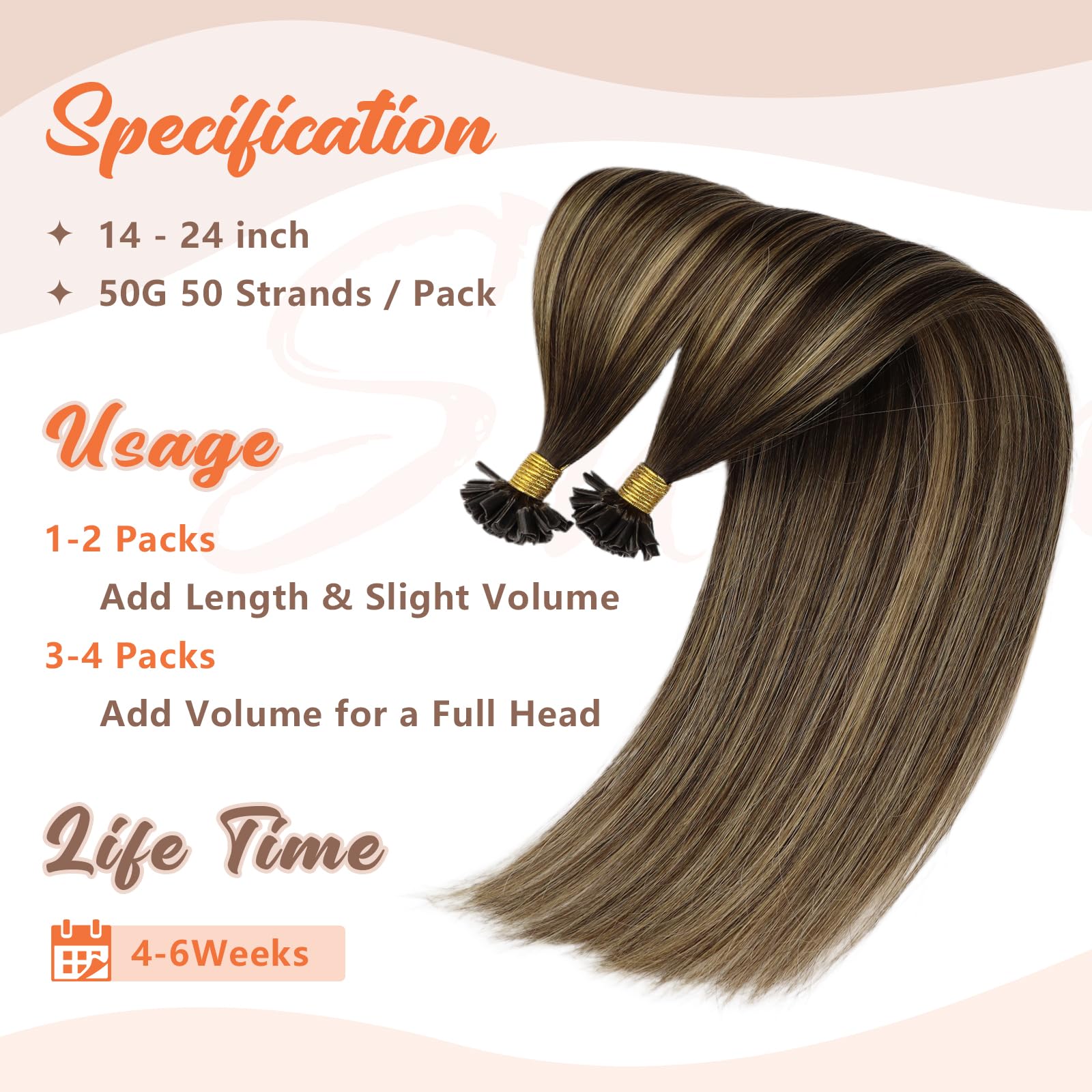 Sunny U Tip Hair Extensions Human Hair Brown Balayage Keratin Hair Extensions Medium Brown Balayage Caramel Blonde With Highligh