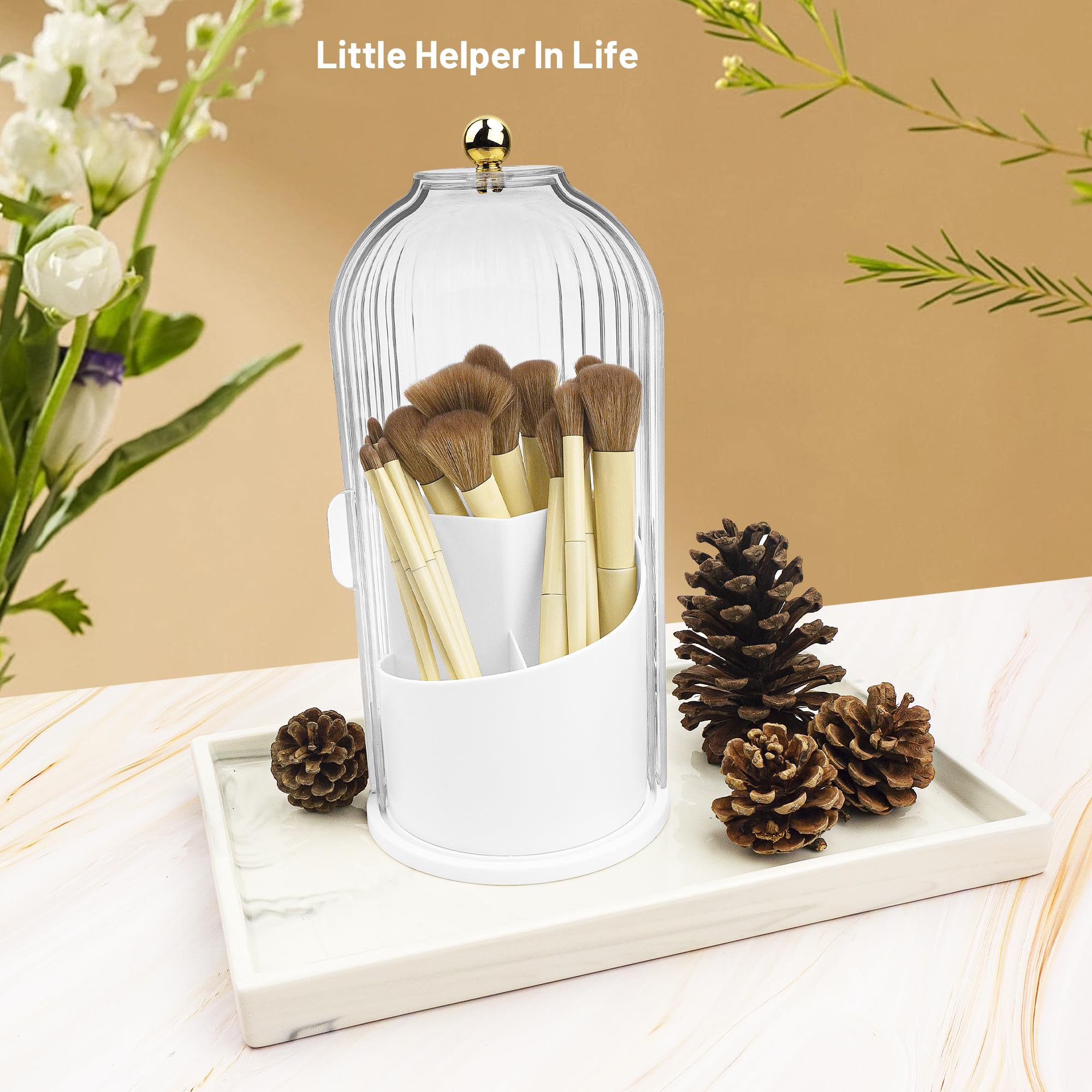 Ezebesta Makeup Brush Holder Organizer with Clear Lid 360 Rotating Sliding Opening Dustproof Brushes Container for Vanity