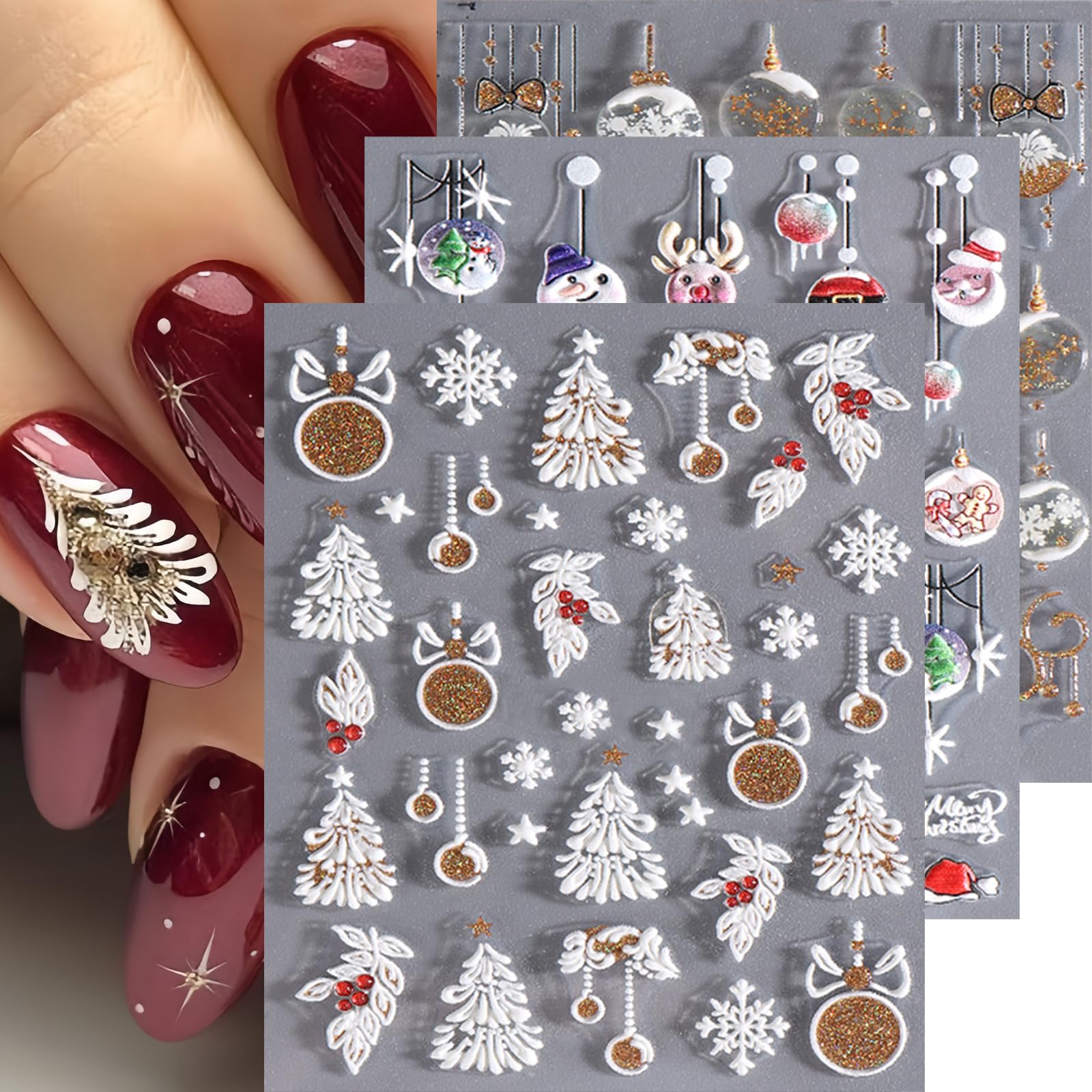 Christmas Nail Art Stickers Exquisite Embossed 5D Self-Adhesive Elk Snowflakes Bell Nail Decals Gold White Snowman Xmas Tree Lan