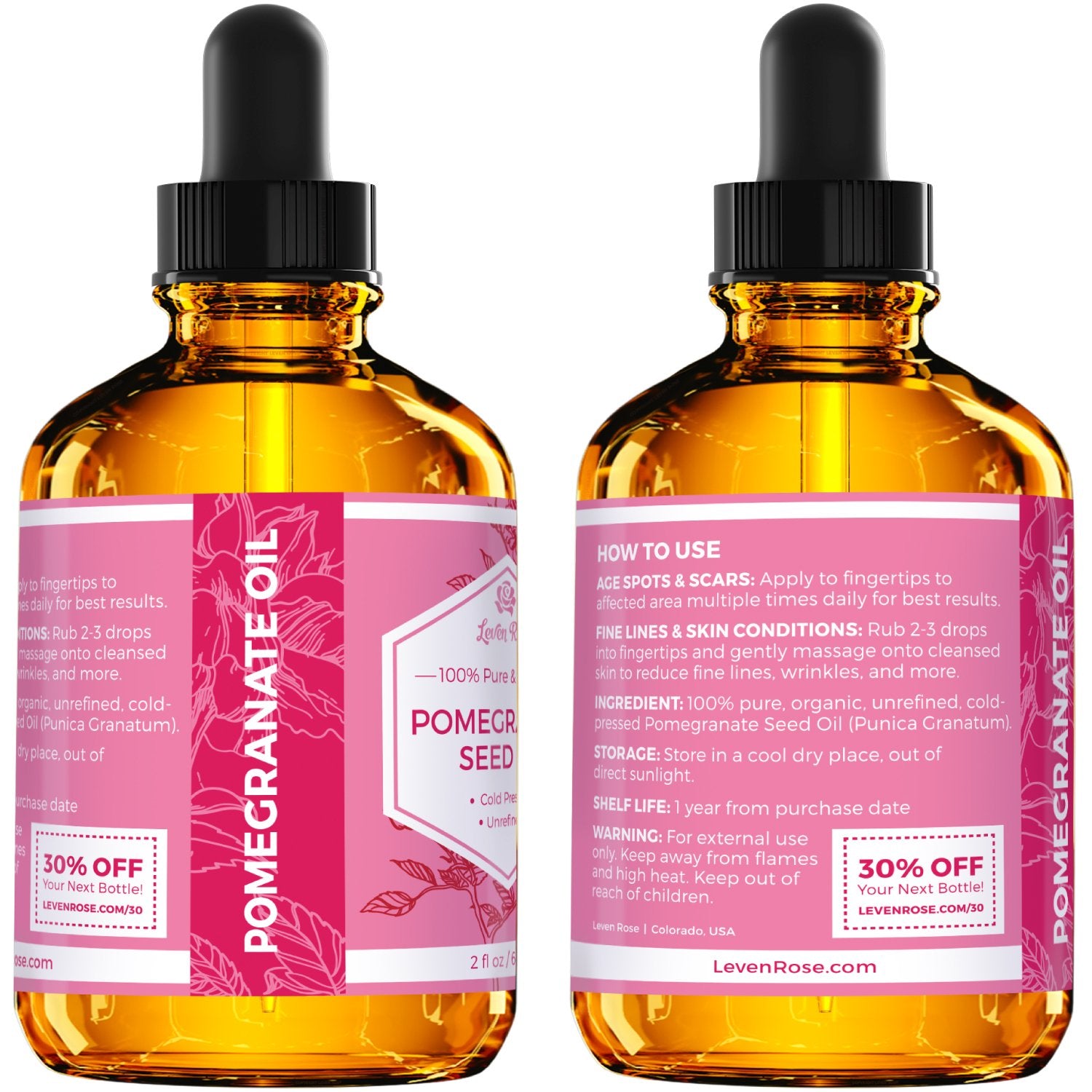 Leven Rose Pomegranate Seed Oil, 100% Pure Unrefined Cold Pressed Antioxidant Moisturizer For Hair Skin And Nails 2 Oz