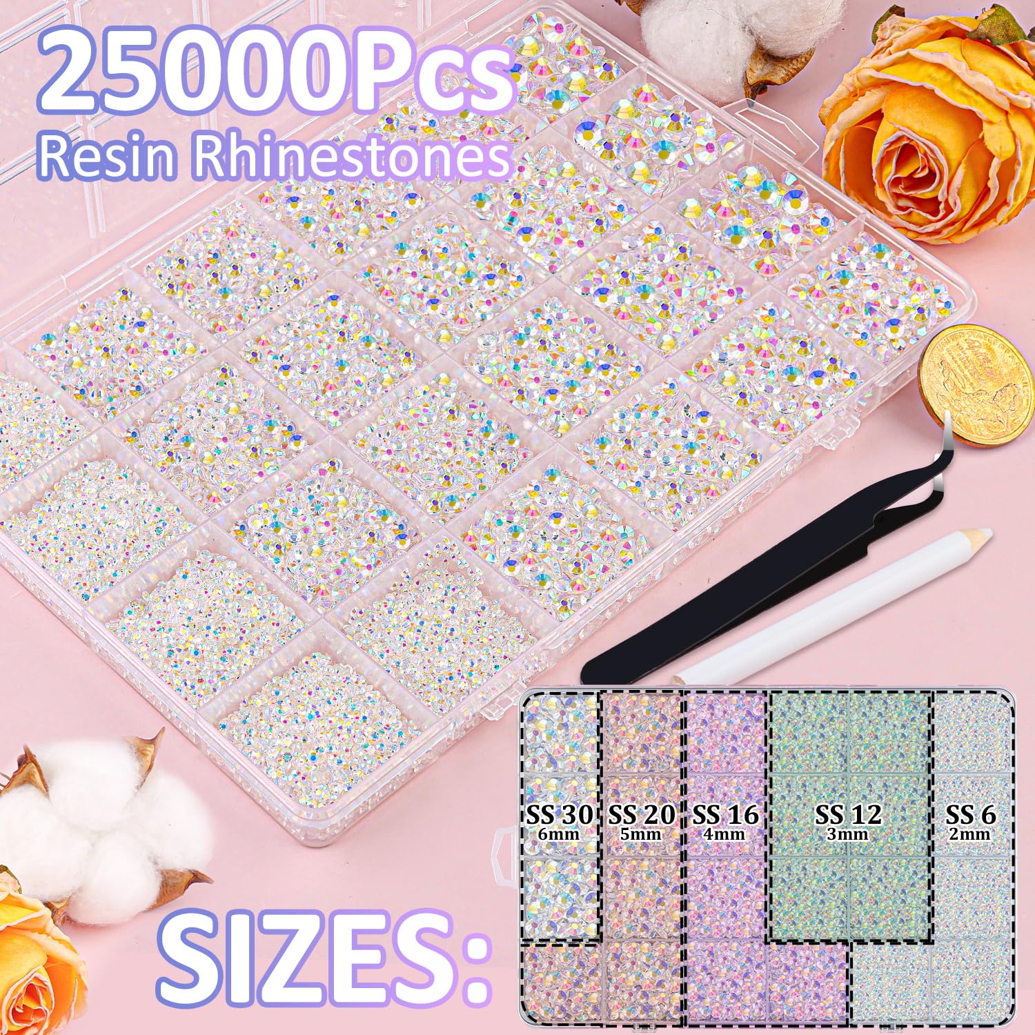 25000Pcs Resin Jelly Rhinestones For Crafting, Transparent Ab 2-6Mm Mixed Sizes Non Hotfix Flatback Gems, Bedazzling Crystal For