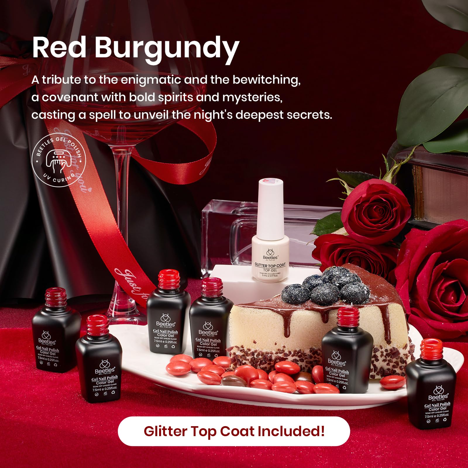 Beetles Red Gel Nail Polish Set With Top Coat, 6 Colors Popular Shimmer Red Burgundy Gel Polish Kit Nail Art Design Soak Off Uv