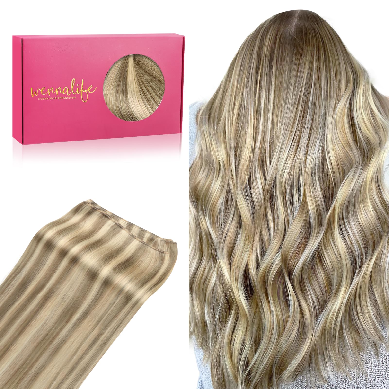 Wennalife Sew In Hair Extensions Real Human Hair, 20 Inch 100G Ash Brown Highlighted Golden Blonde Machine Weft Hair Extensions