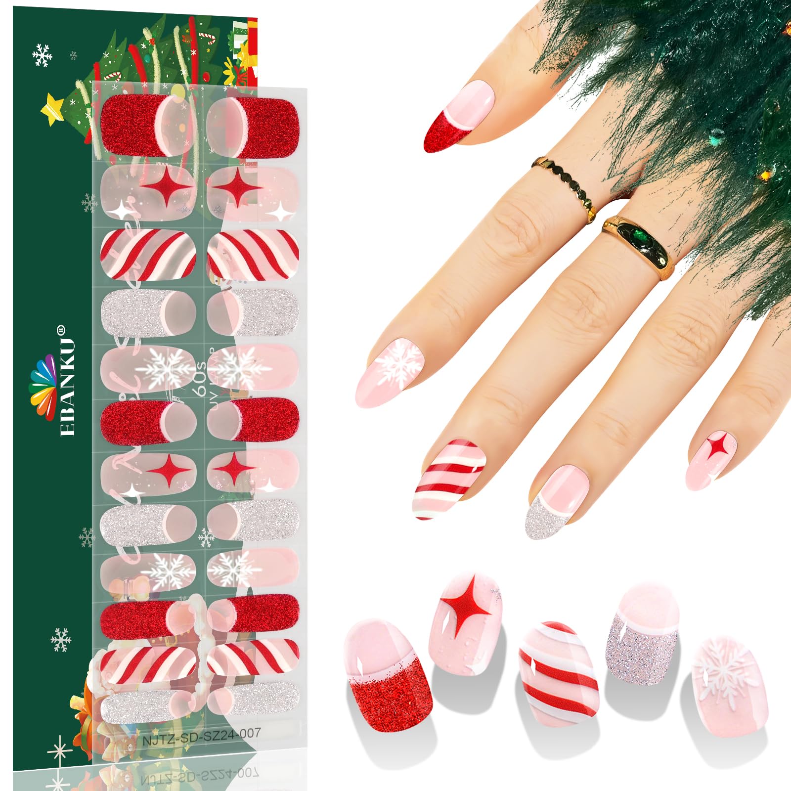 Ebanku 24Pcs Christmas Semi-Cured Gel Nail Strips, French Glitter Adhesive Gel Nail Art Sticker, Waterproof Gel Nail Wrap Sticke