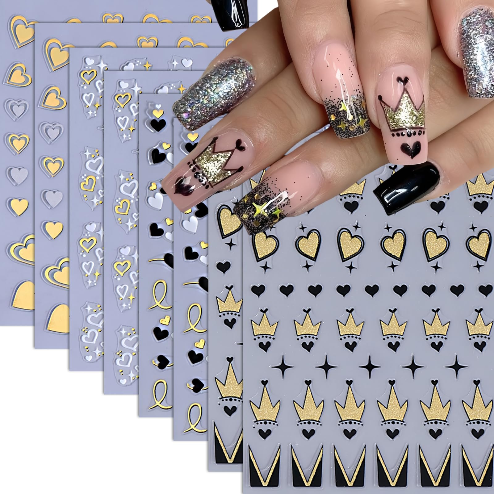 8 Sheets Heart Nail Stickers for Nail Art Black Gold Heart Love Nail Decals 3D Self Adhesive Metallic Love Letter Crown Nail Des