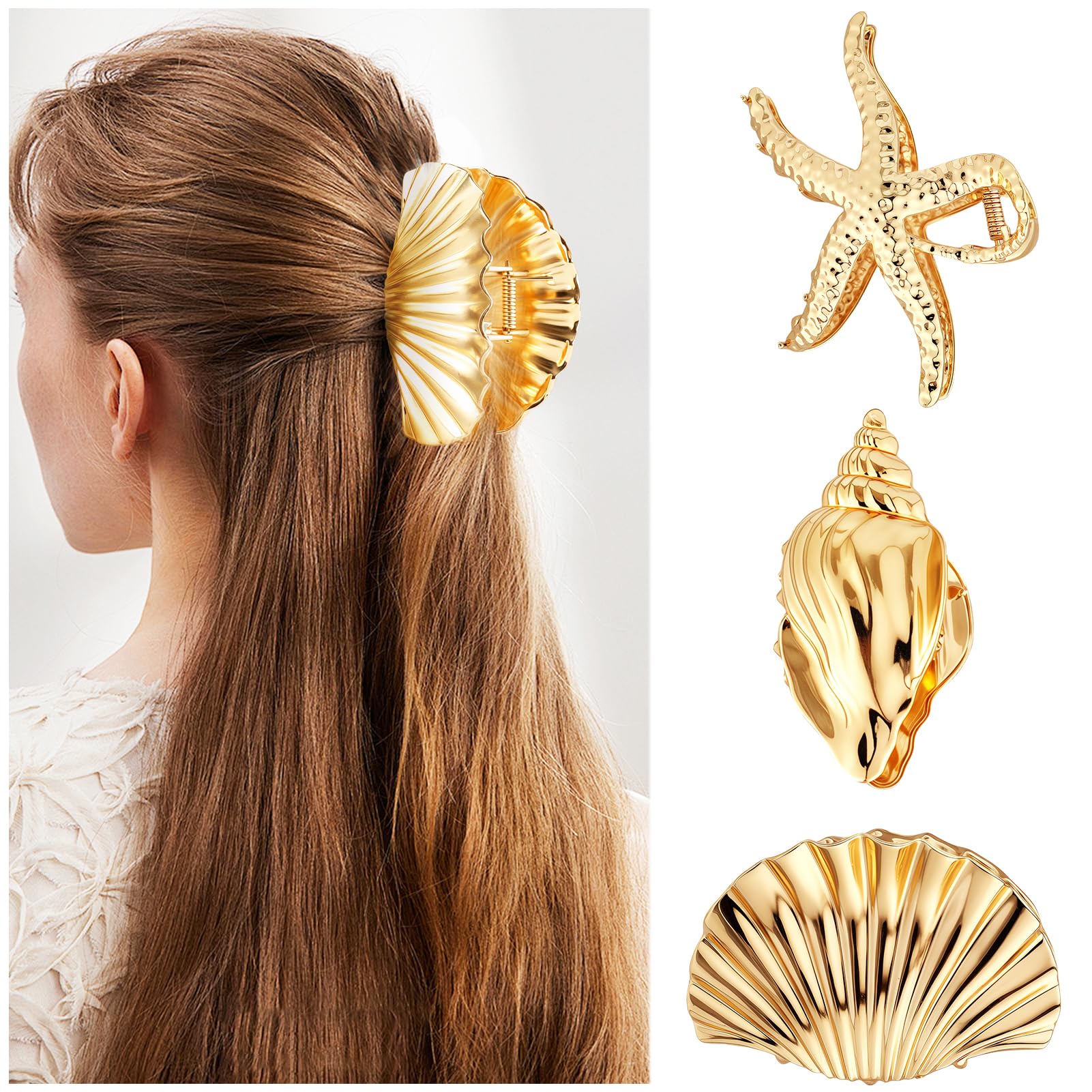 TUCEWP Starfish Hair Claw Clips Gold Metal Hair Clips for Women Girls Seashell Conch Hair Clips for Thick Thin Hair Strong Hold 
