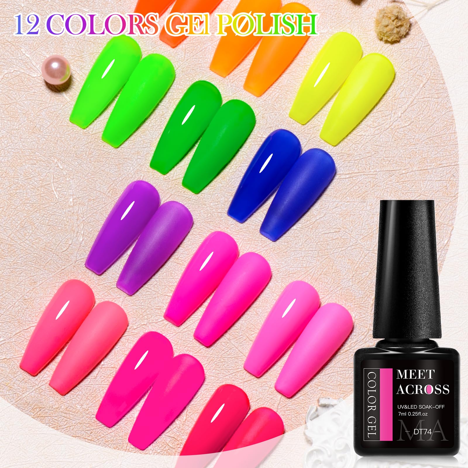 Meet Across Neon Gel Nail Polish Set 12Pcs Fluorescent Orange Yellow Green Blue Hot Pink Red Purple Spring Summer Nail Polish Se