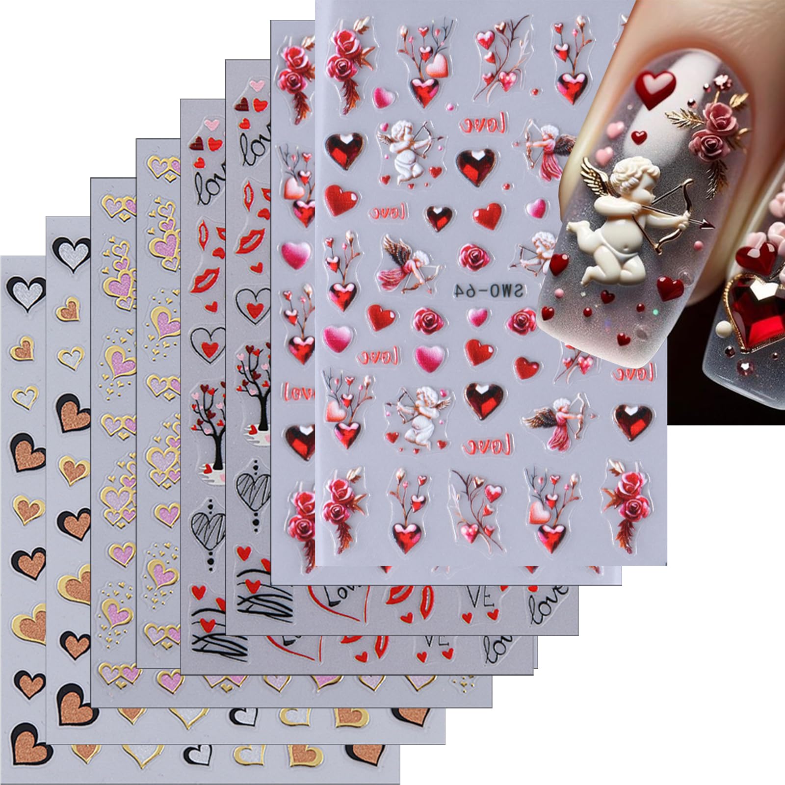 LBPEPAMZ 8Sheet Valentine's Day Nail Stickers 5D Embossed Angel Pink Ombre Heart Nail Art Stickers 3D Self-Adhesive Red Love Hea