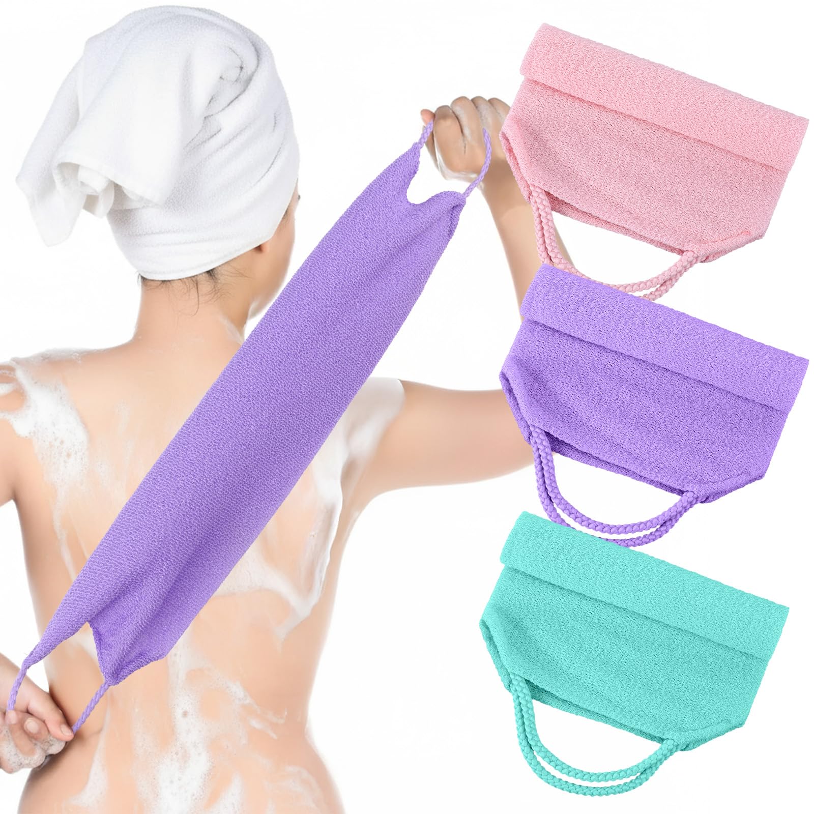 Exfoliating Washcloth with Handles, 3Pcs Back Exfoliator Body Scrub Towel