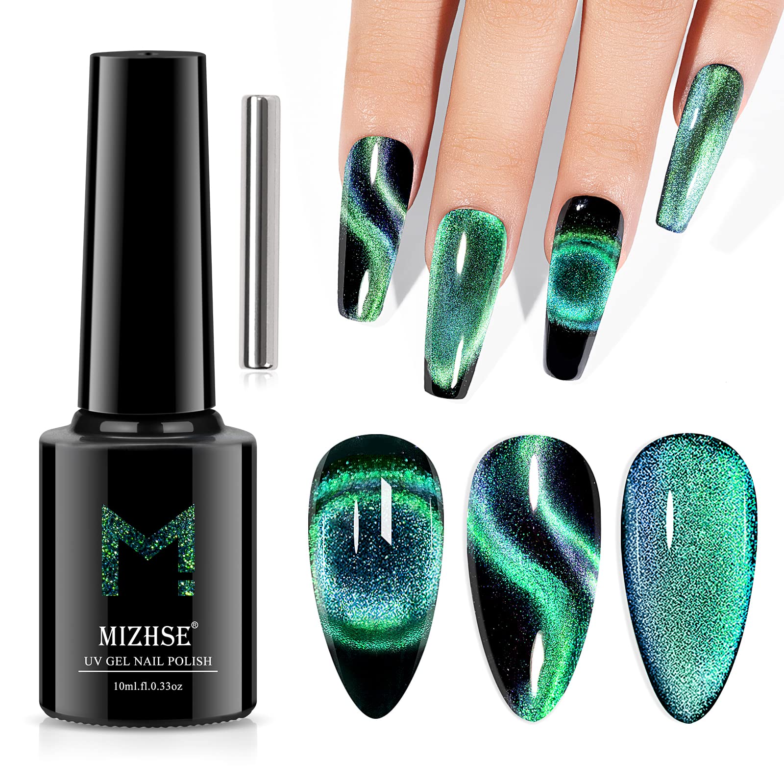 Mizhse 9D Cat Eye Gel Nail Polish 10Ml, Holographic Galaxy Cateye Magnetic Nail Polish Gel, Magic Chameleon Manicure Set(Green&B