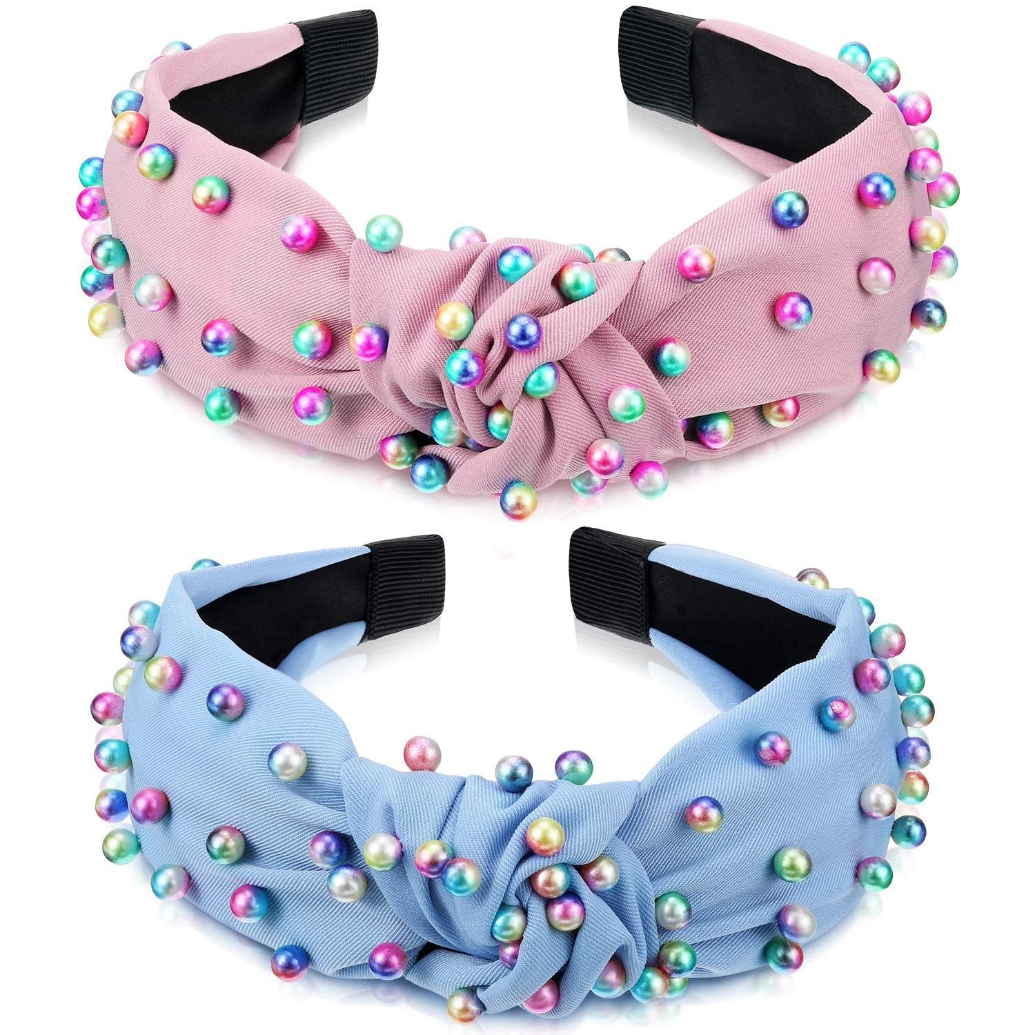 Shidara Headbands For Women Pearl Knotted Girls Headband Colorful Jeweled Embellished Gem Hairband Faux Pearl Cross Knot | Pink,