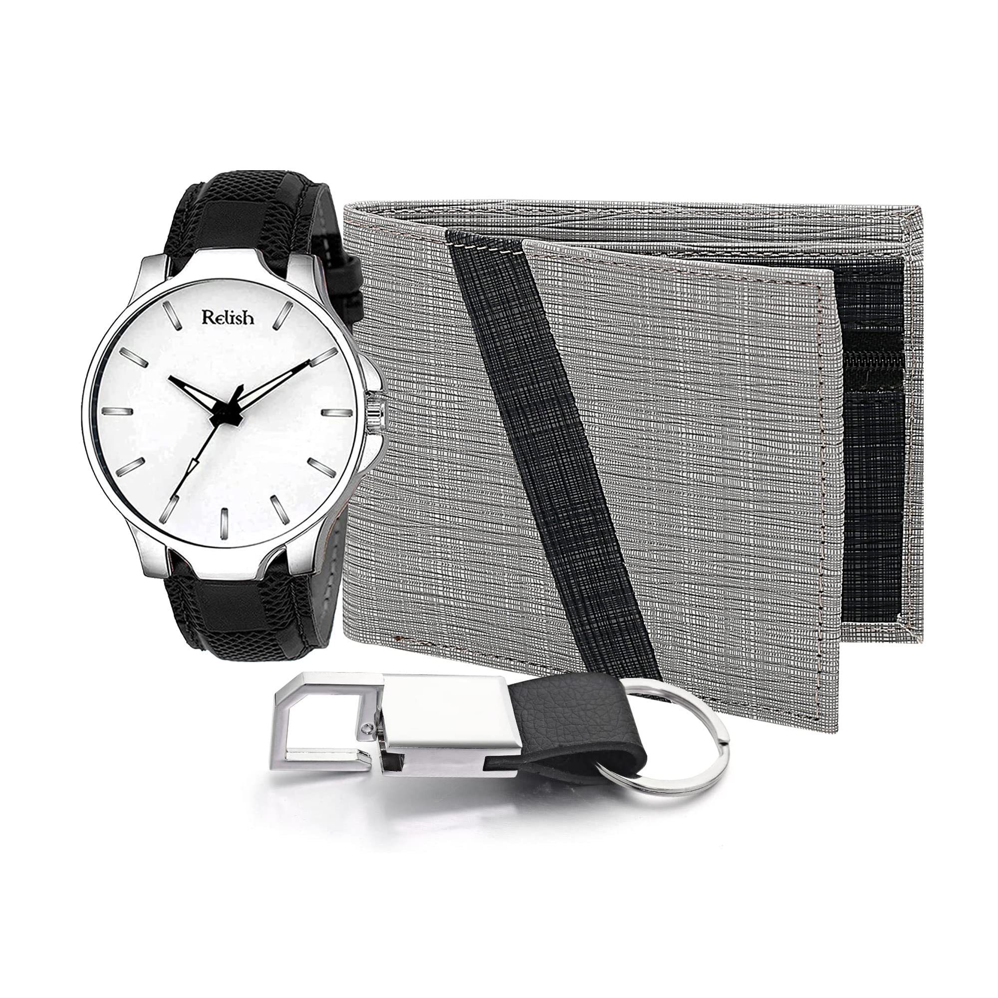 Relish White Dial Analog Watch, Pu Leather Wallet And Keychain Combo Pack For Mens | Diwali Gifts For Mens, Brother, Husband