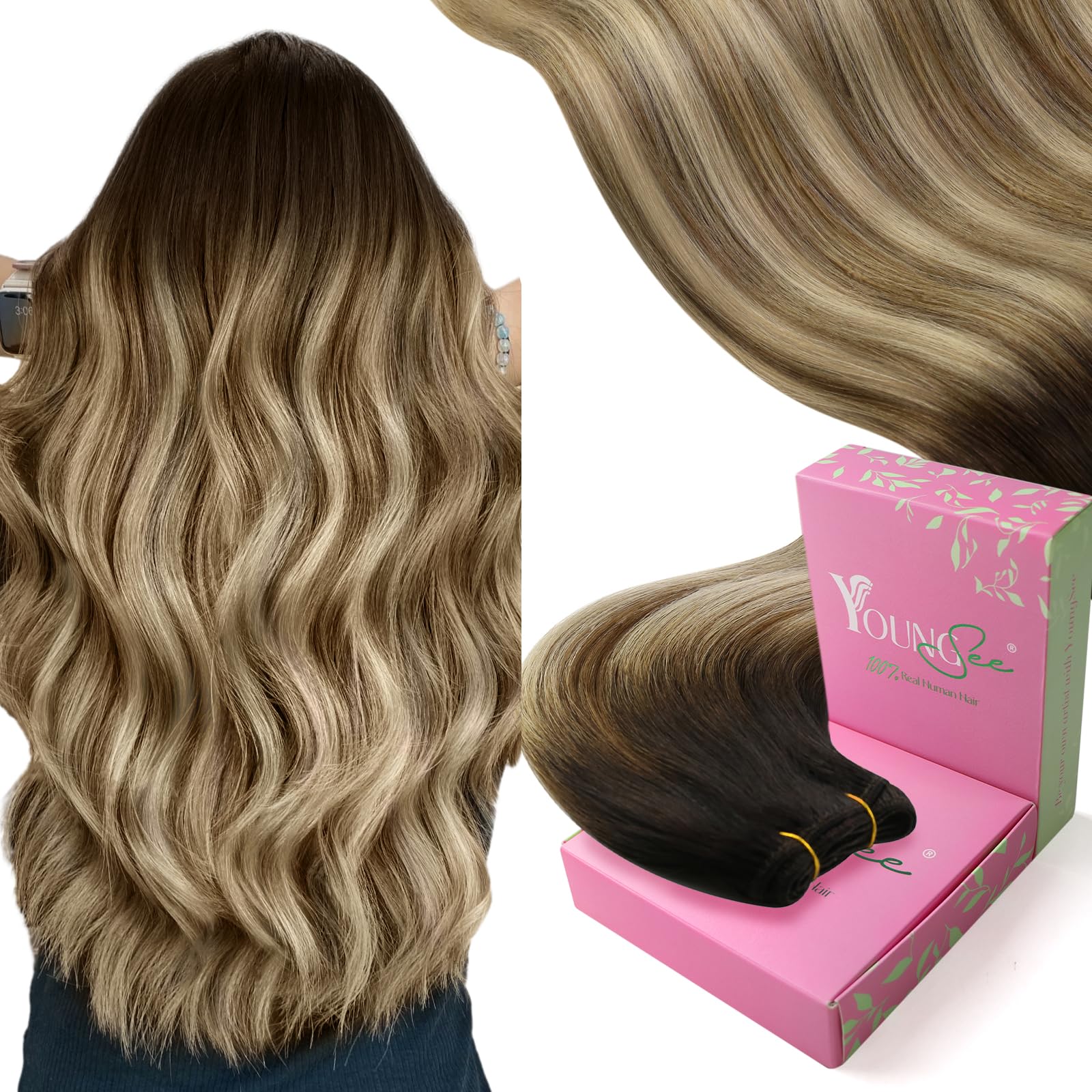 YoungSee Weft Hair Extensions Human Hair Brown Balayage Human Hair Extensions Sew in Darkest Brown to Brown with Blonde Balayage