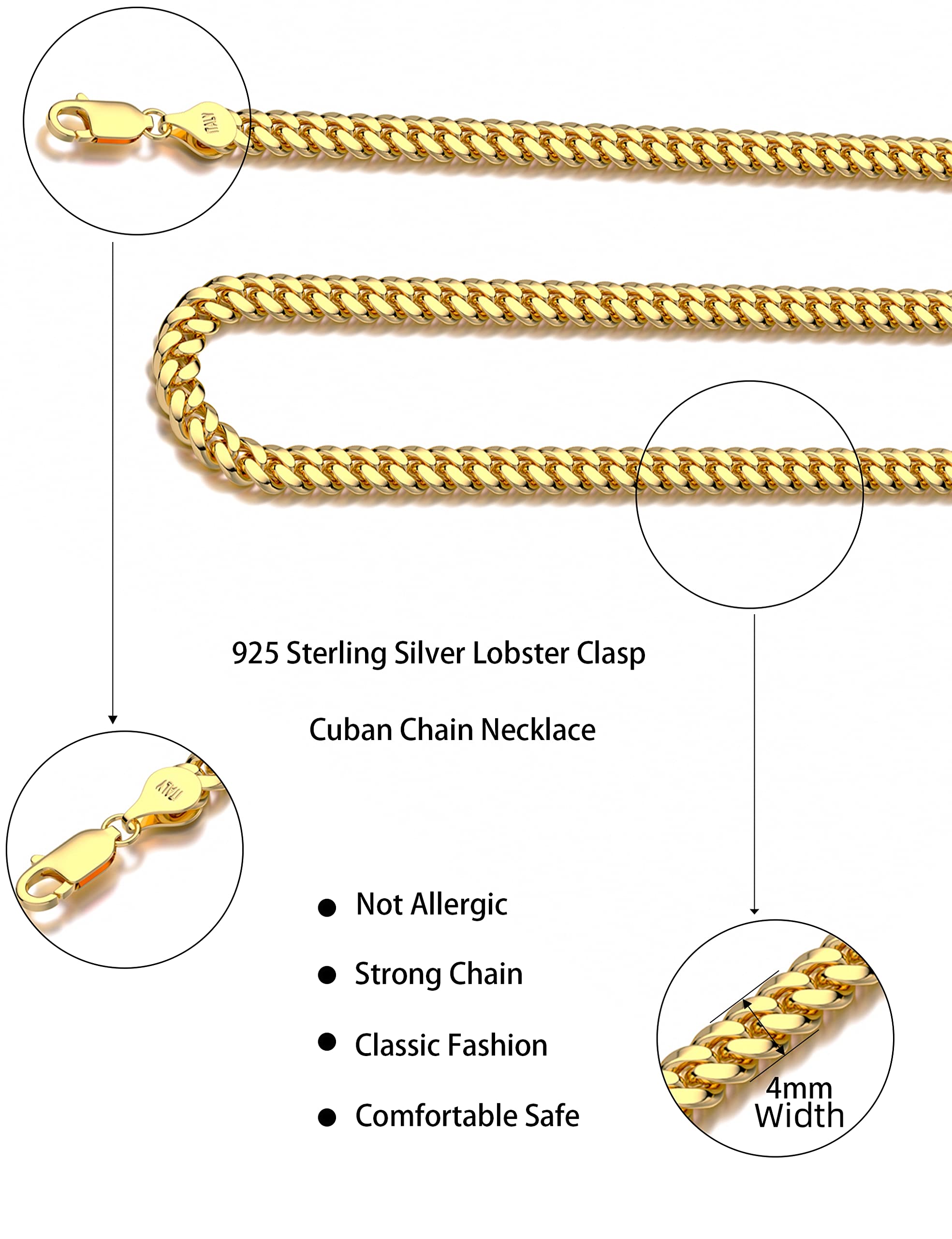 Waitsoul 925 Sterling Silver Cuban Chain Lobster Clasp 4mm 18k Gold Over Cuban Link Curb Chain Necklace for Women Men Diamond Cu
