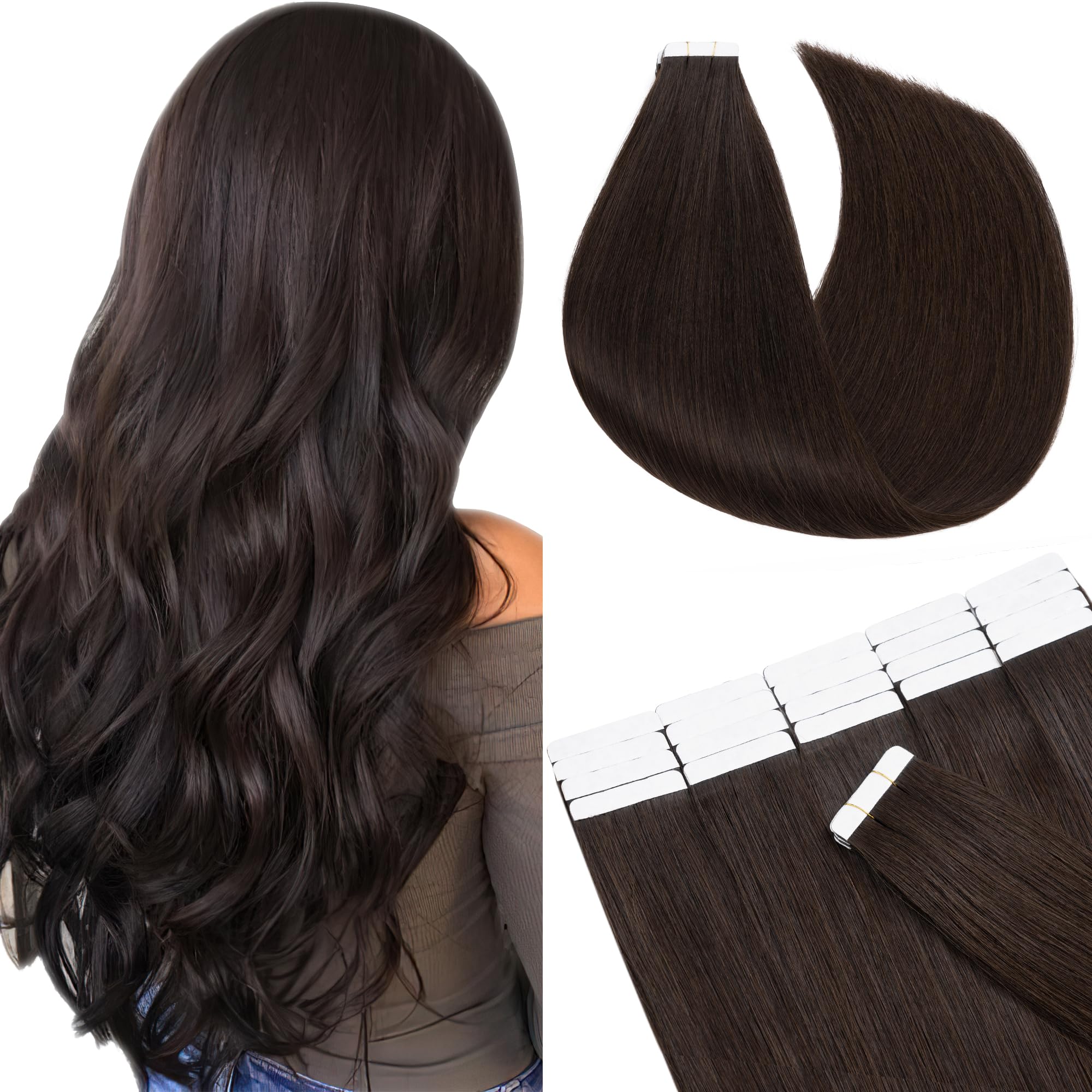 Sego Tape In Hair Extensions Human Hair 20 Inch Natural Black 40Pcs 100G Straight Natural 100% Remy Rooted Seamless Skin Weft In