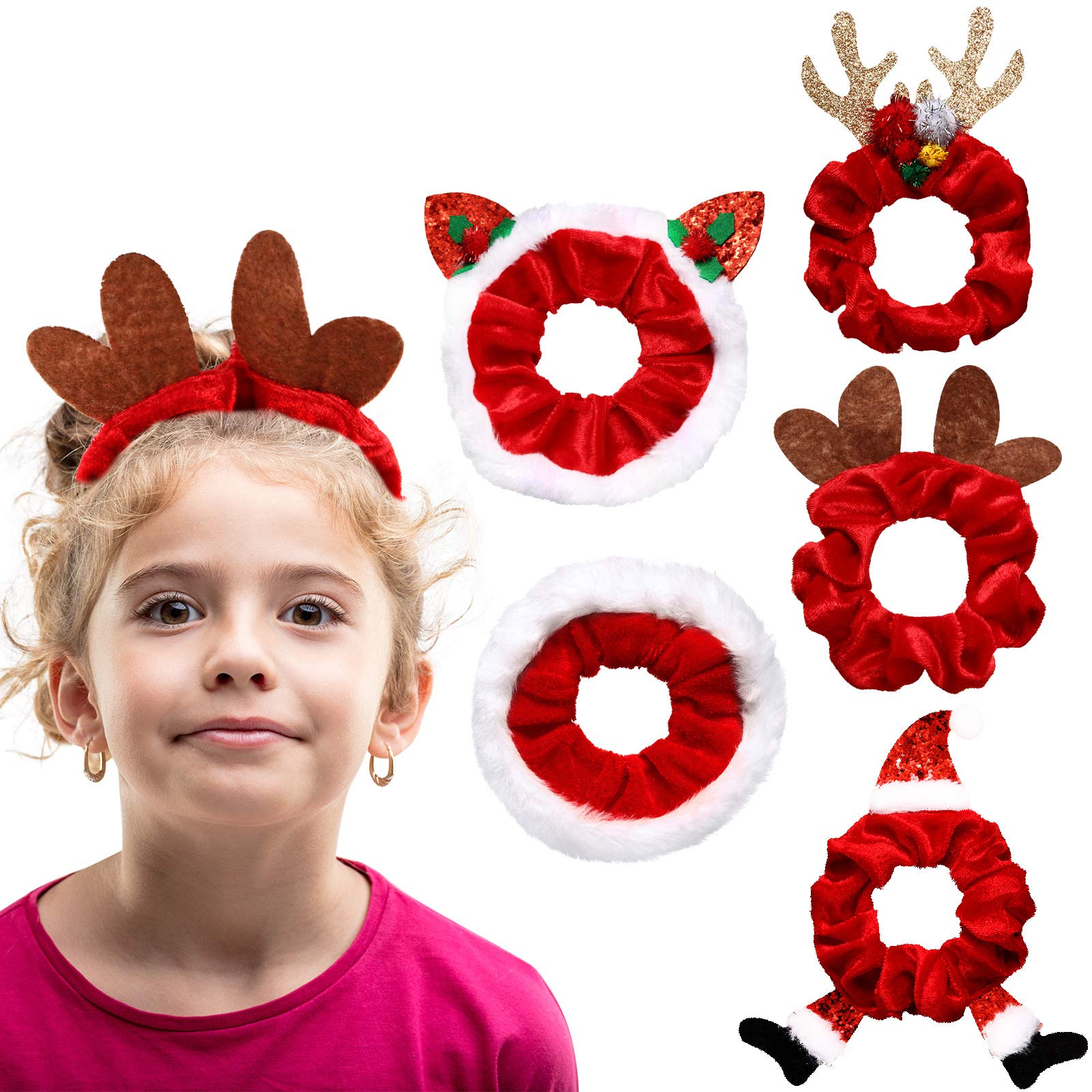 Syhood 5-Piece Christmas Velvet Hair Bands - Santa & Reindeer Scrunchies for Women