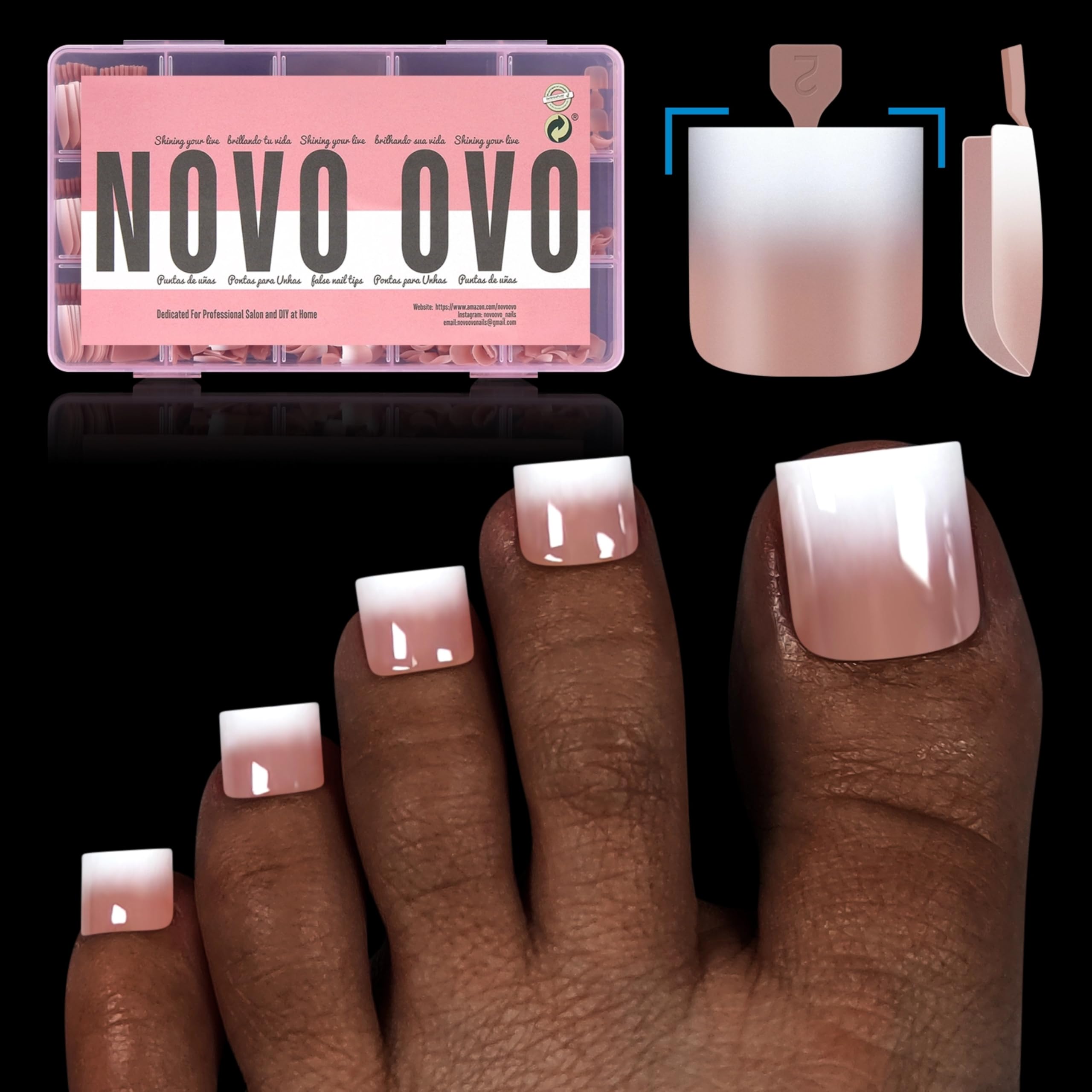 NOVO OVO Ombre French Tip Press on Toe Nail Tips, Sharp Square Pre-Designed Soft Gel False Toenail Extension, BROWN PINK Pre-app