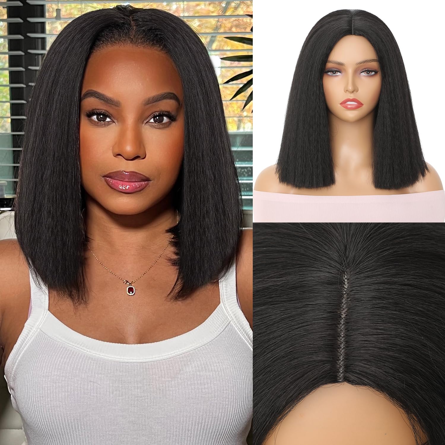 WIGNEE 12 Inches Kinky Straight Bob Wig Black Bob Yaki Wig Synthetic Bob Kinky Straight Wig For Black Women Short Kinky Wig (12 