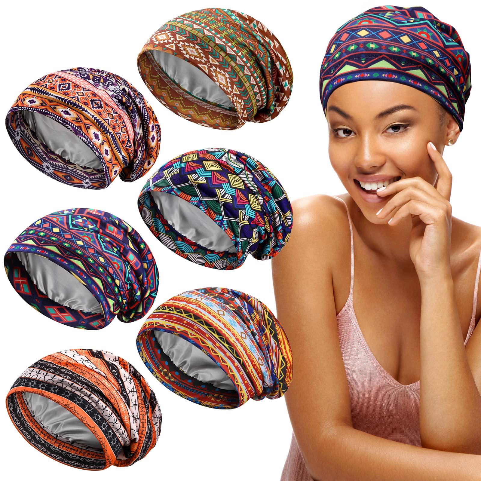Sintege Satin Lined Sleep Cap - 6 Pieces Silk Bonnet for Women, Vintage Patterns, Ideal for Natural Curly Hair