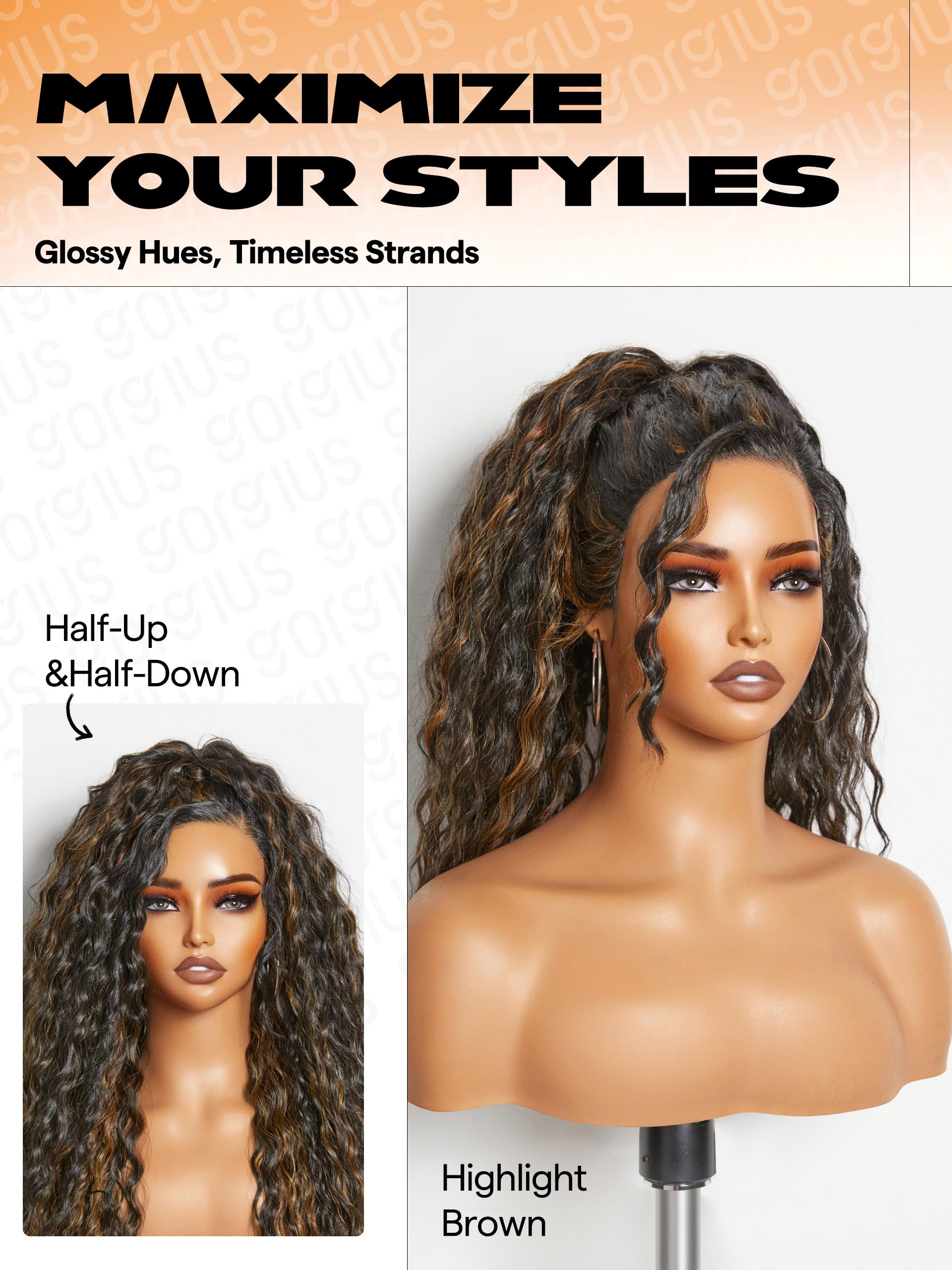 Gorgius Highlight Water Wave Wig Glueless Pre Cut Synthetic Lace Front Wig 28 Inch Side Parted Black Mix Brown Long Wig For Wome