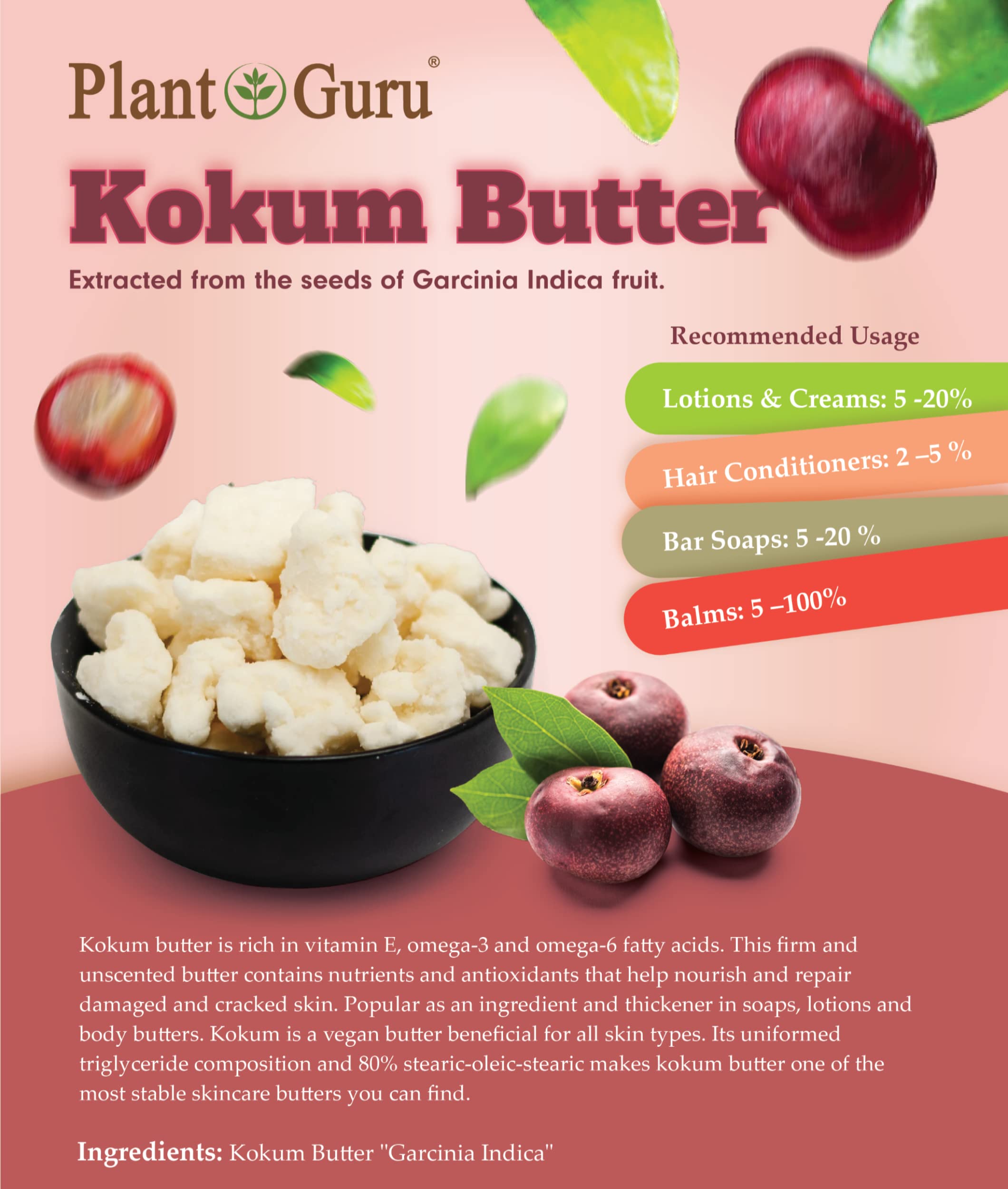 Raw Kokum Butter 8 oz. Jar - 100% Pure Natural Cold Pressed - Great for Skin, Body and Hair Moisturizer, DIY Creams, Balms, Loti