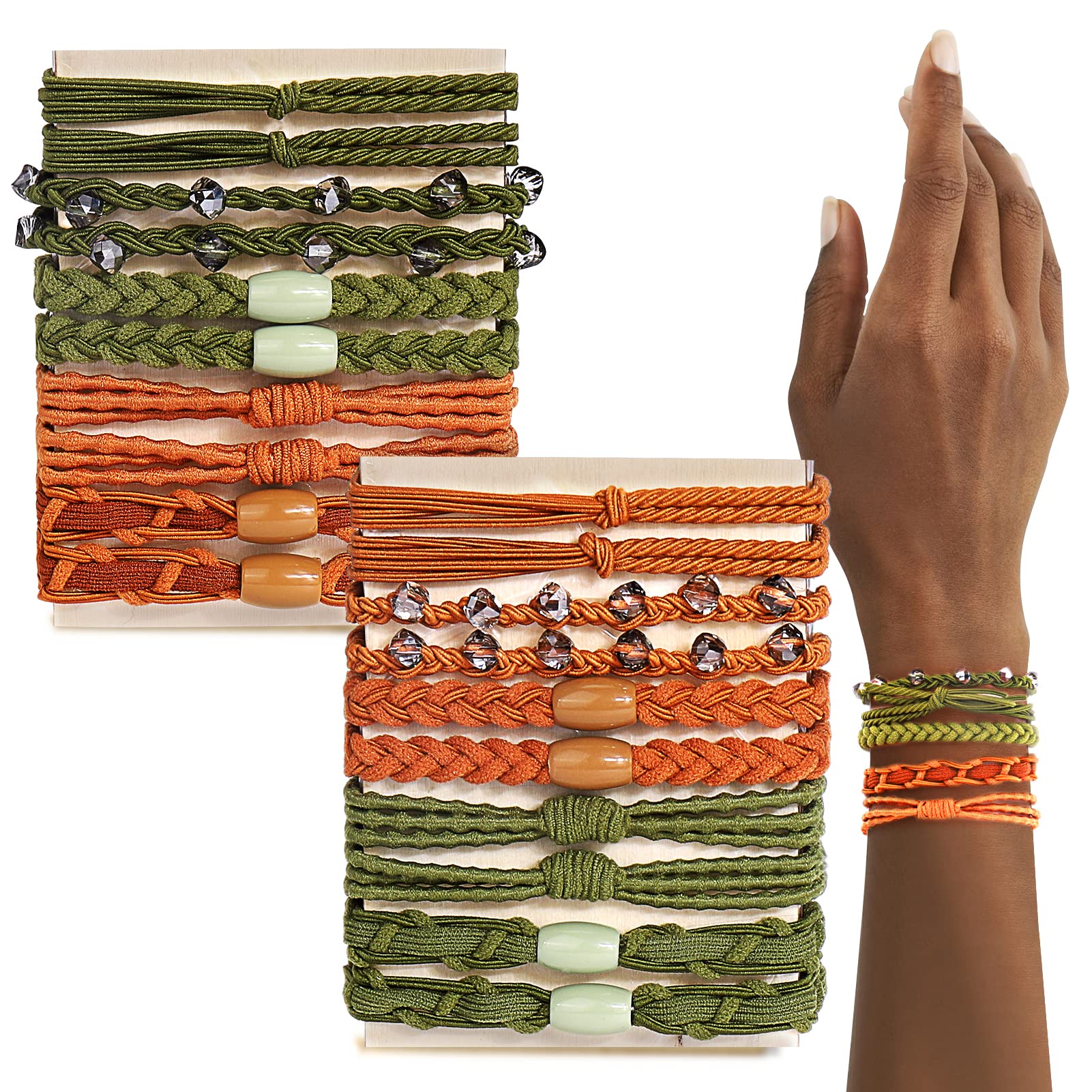 BSRESIN 20 Pcs Boho Hair Ties for Women, Crystal Bracelet Hair Ties(Green+Brown), 5 Styles Cute Hair Tie for Thick Hair/Pony Tai