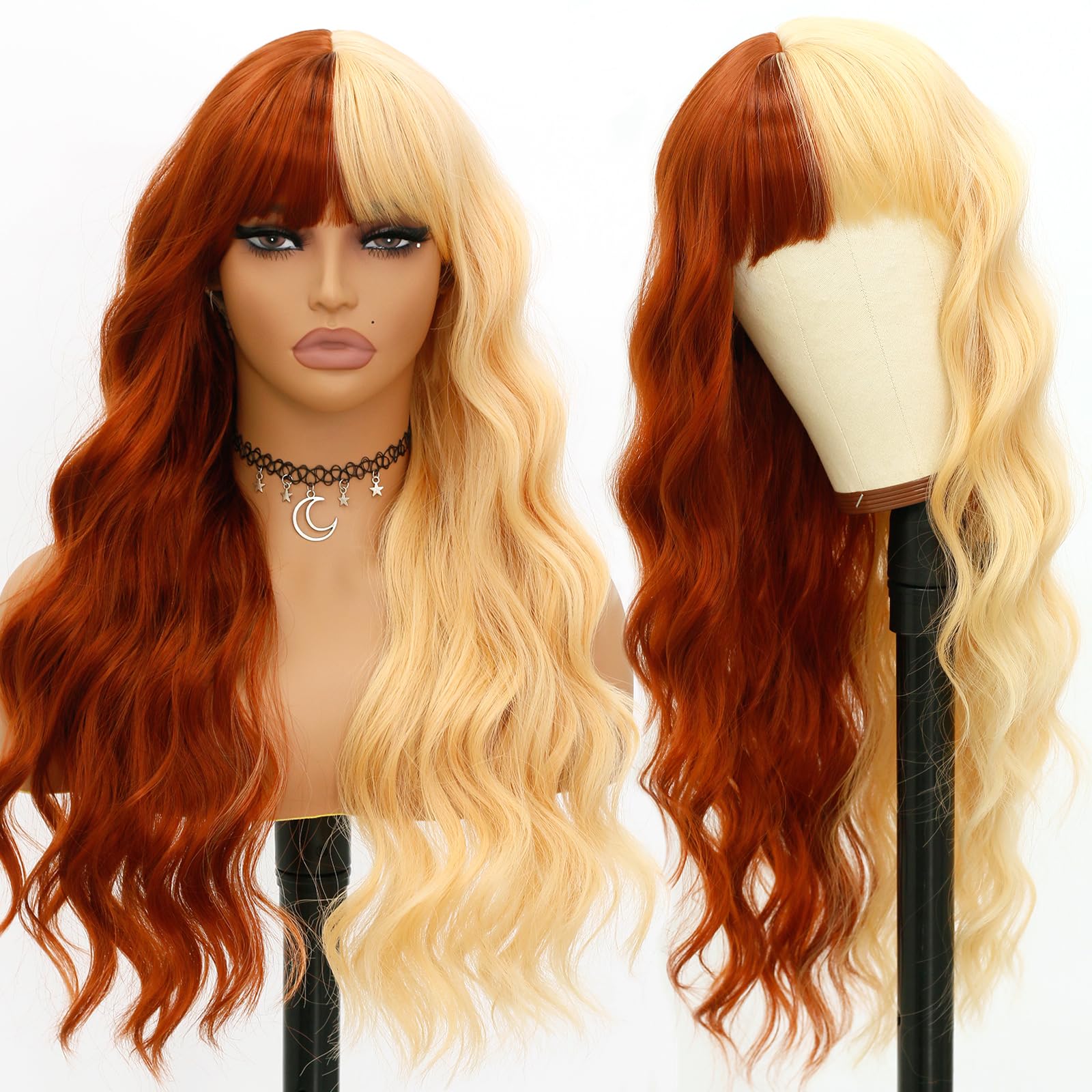 EVLYNN Blonde and Brown Wigs With Body Wavy Air Bangs Half Brown and Half Gold Wig Cap for Women Long Curly Heat Resistant Synth